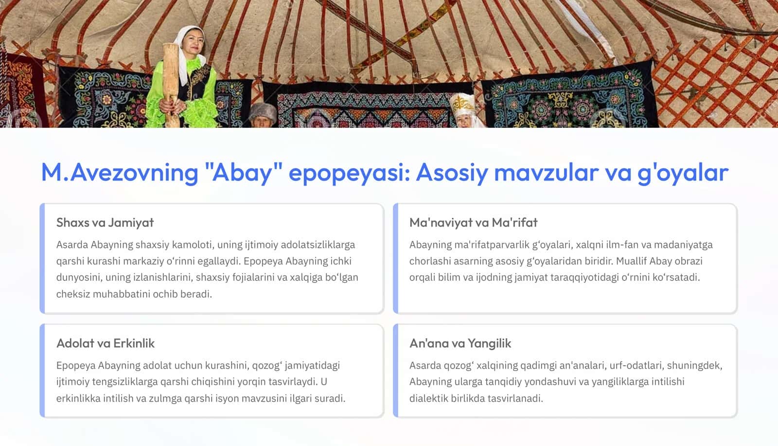 M.Avezovning Abay epopeyasi va O'.Sulaymonov asarlarini o'qish 3