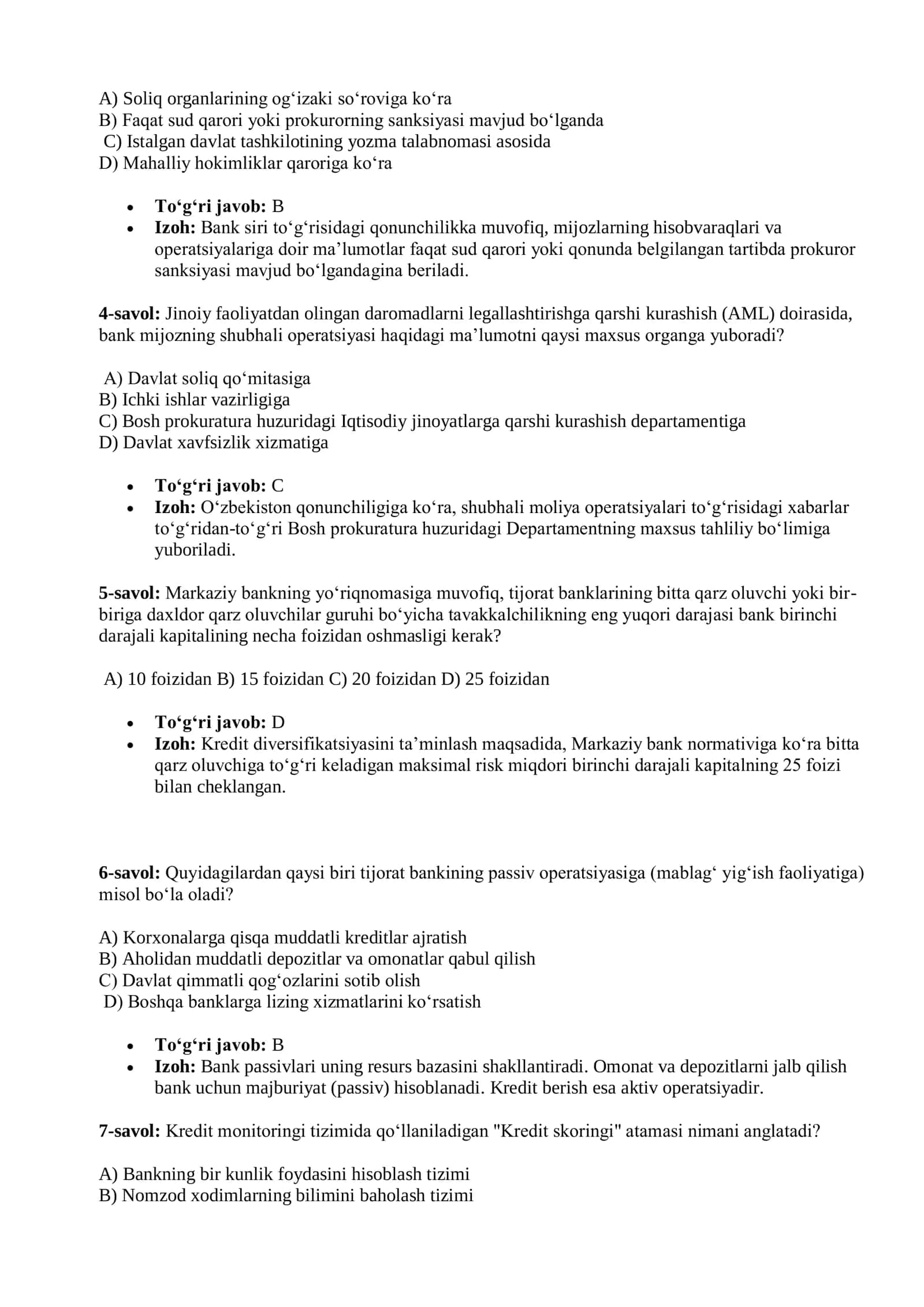 TIJORAT BANKLARIGA ISHGA KIRISH UCHUN UNIVERSAL TESTLAR BAZASI 600+ 2026 yil 3