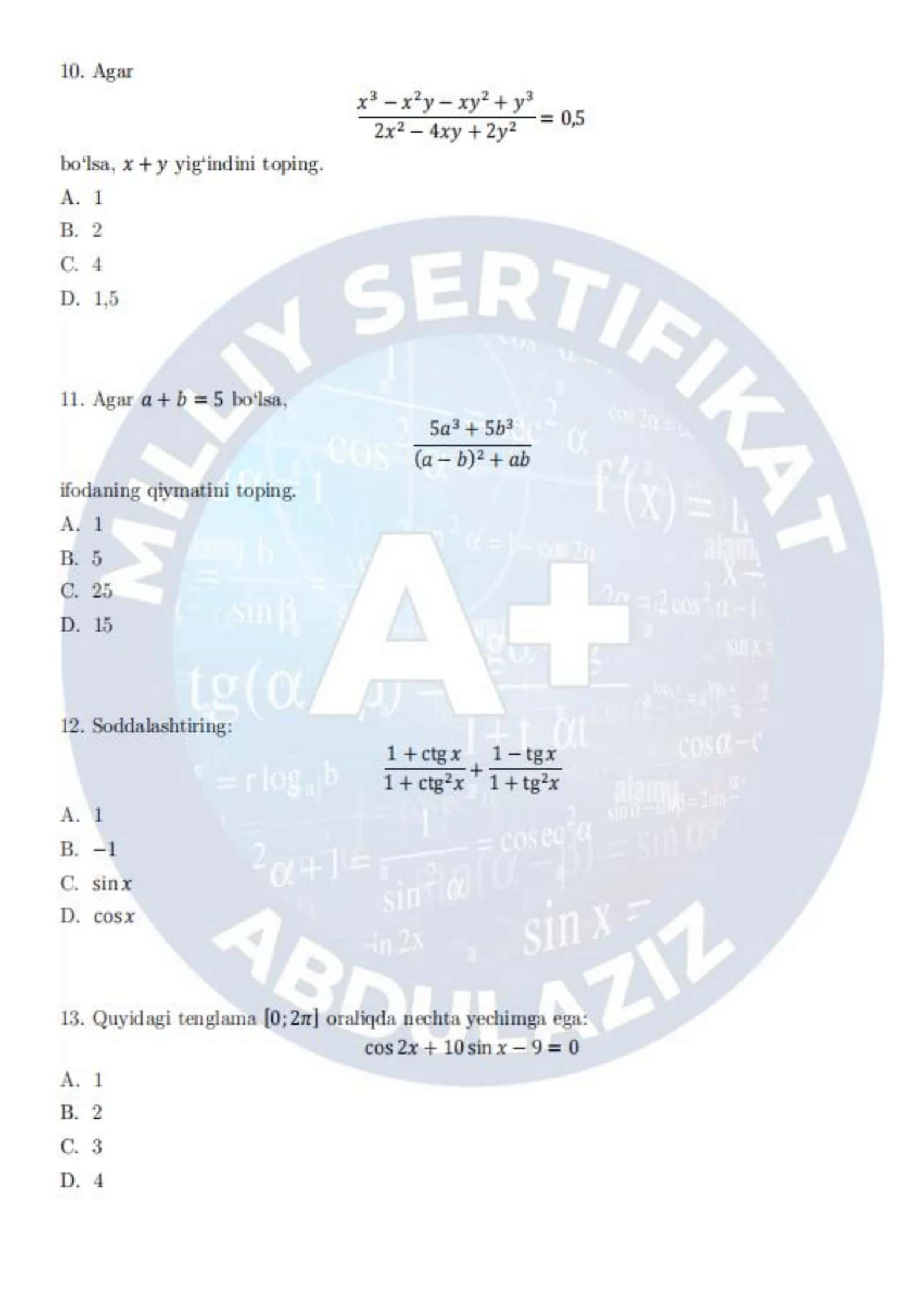 📚Matematika Milliy Sertifikat — MOCK TEST | To‘liq sinov varianti 3