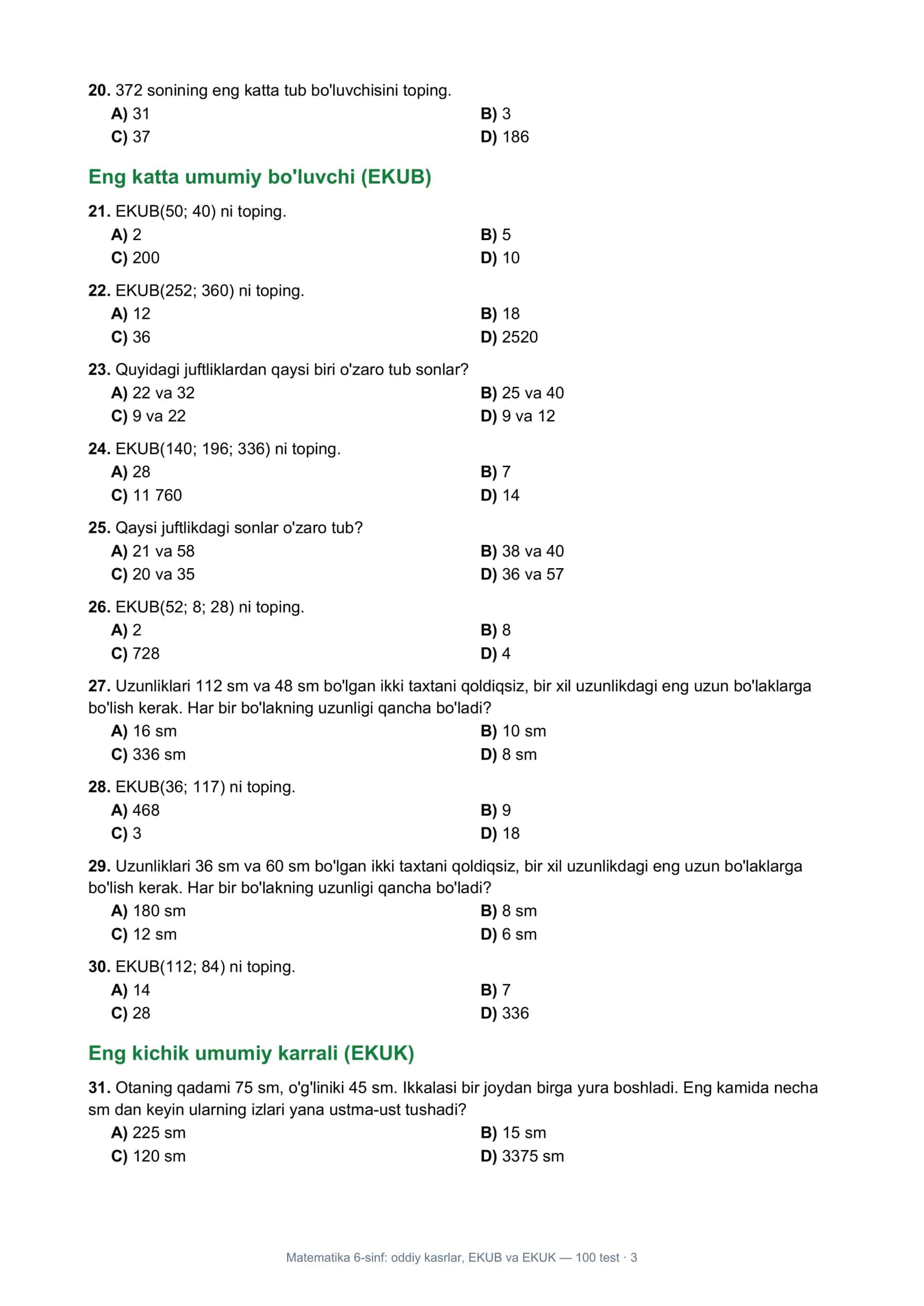 Matematika 6-sinf: oddiy kasrlar, EKUB va EKUK — 100 test 3