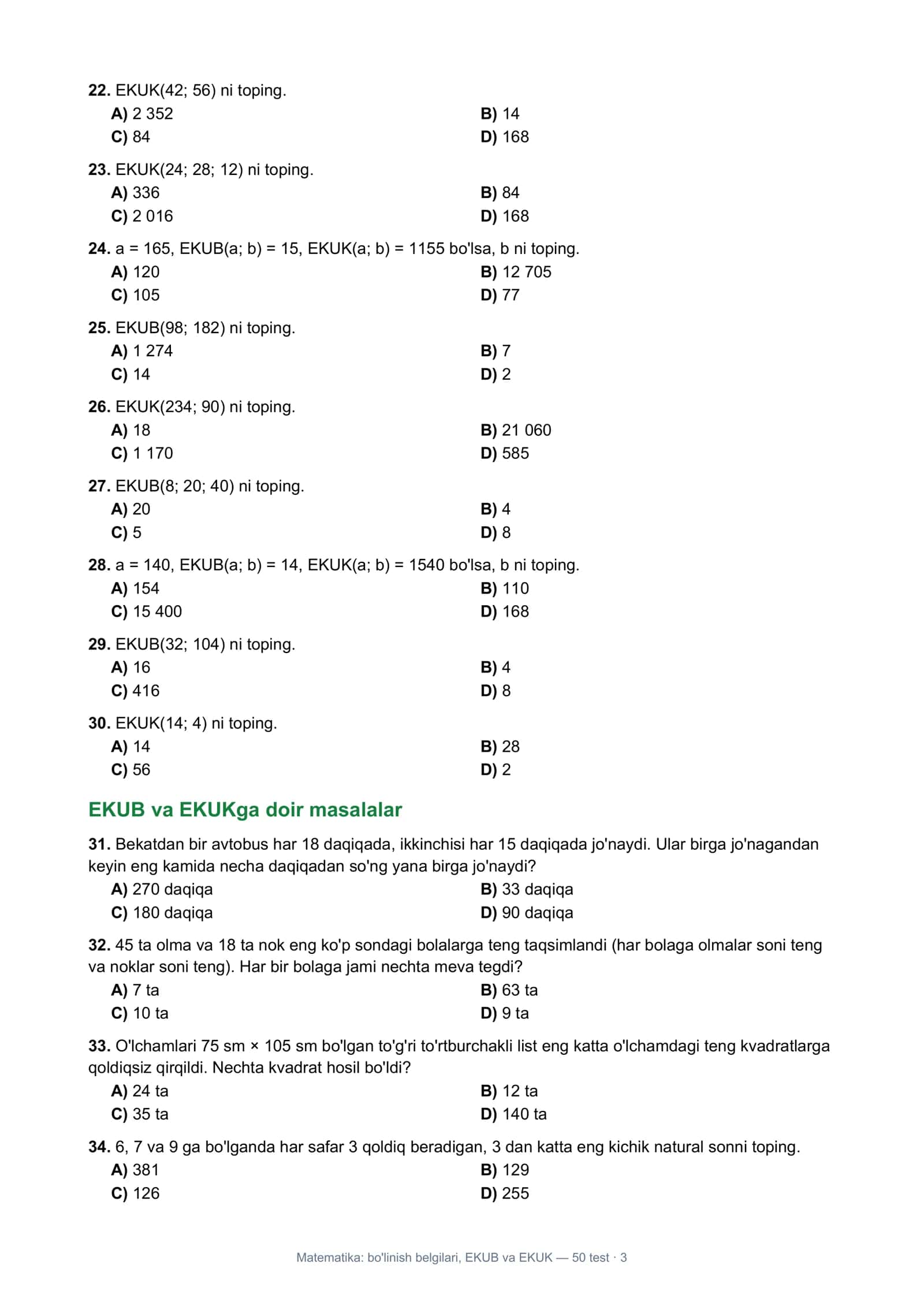 Matematika: Bo'linish belgilari, EKUB va EKUK — 50 test 3