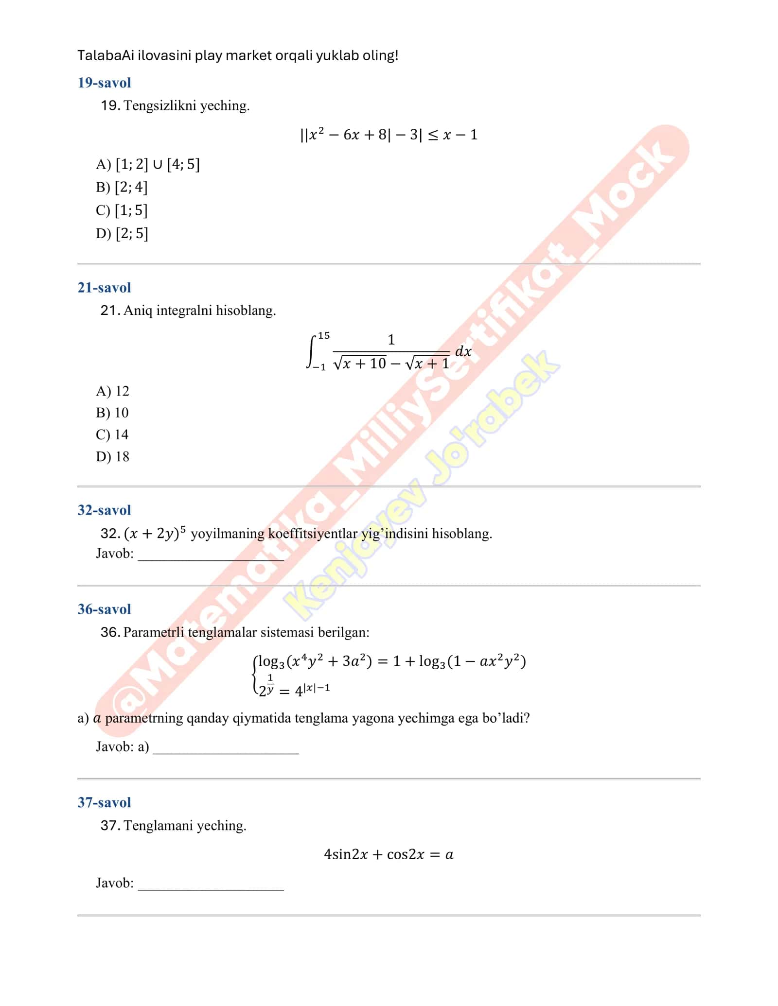 MILLIY SERTIFIKAT TEST SAVOLLARI (MATEMATIKA) 3