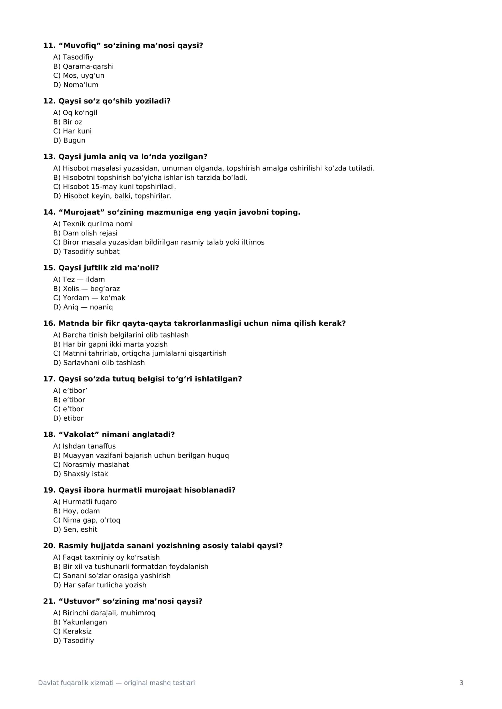 Davlat fuqarolik xizmati uchun 150 ta original test — PDF 3