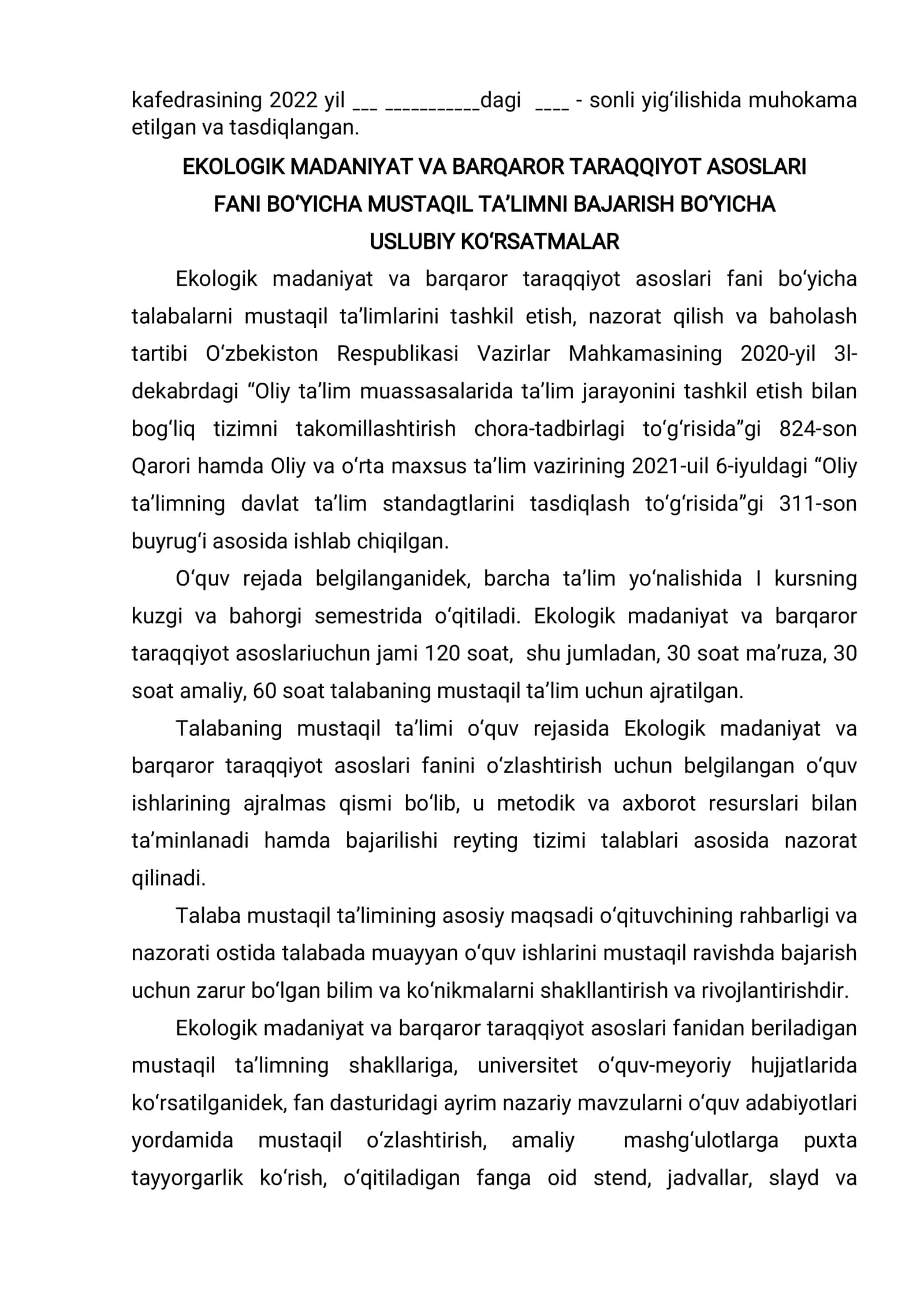 Ekologik madaniyat va barqaror taqqiyot asoslari fanidan ta'lim bo'yicha uslubiy kursatma 3