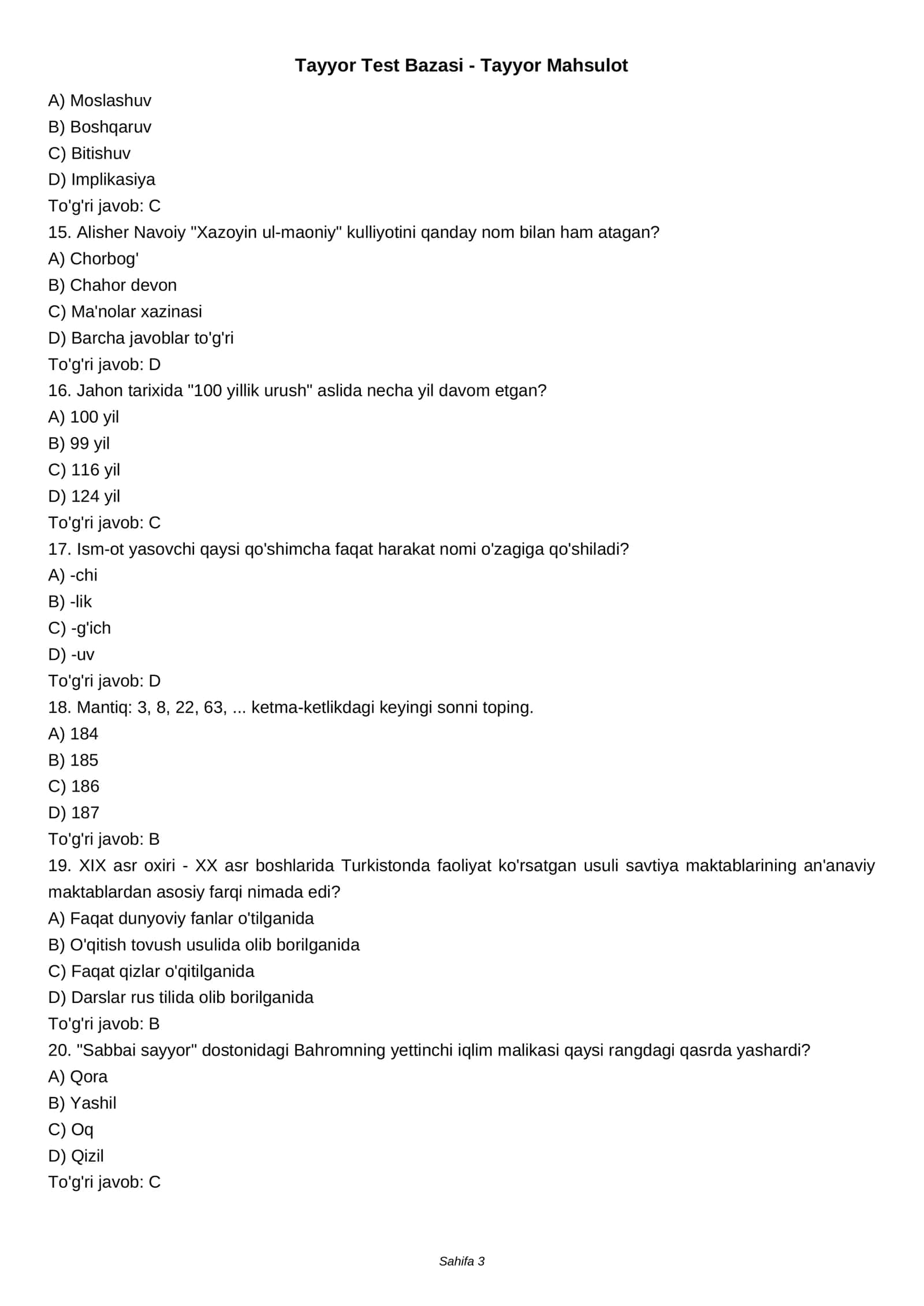 Tayyor Test Bazasi - Tayyor Mahsulot 3