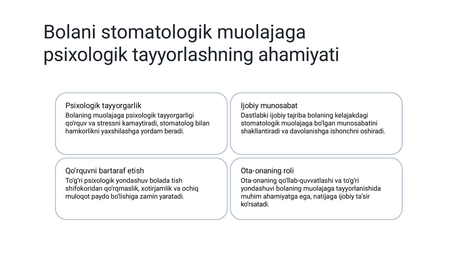 Bolaning stomatologik muolajaga tayyorlash bosqichlari va tayyorgarlik usullari 3