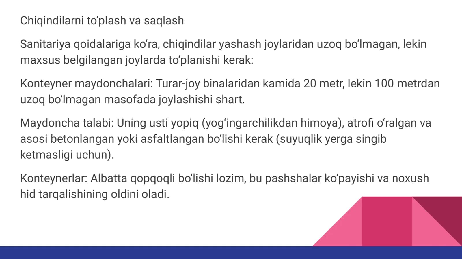 Aholi yashash joylarini qattiq maishiy chiqindidan sanitariya 
tozalashning
rejasini tuzish. 3