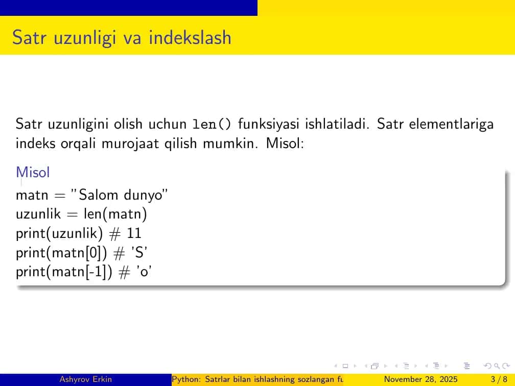 Python: Satrlar bilan ishlashning sozlangan funksiyalari 3