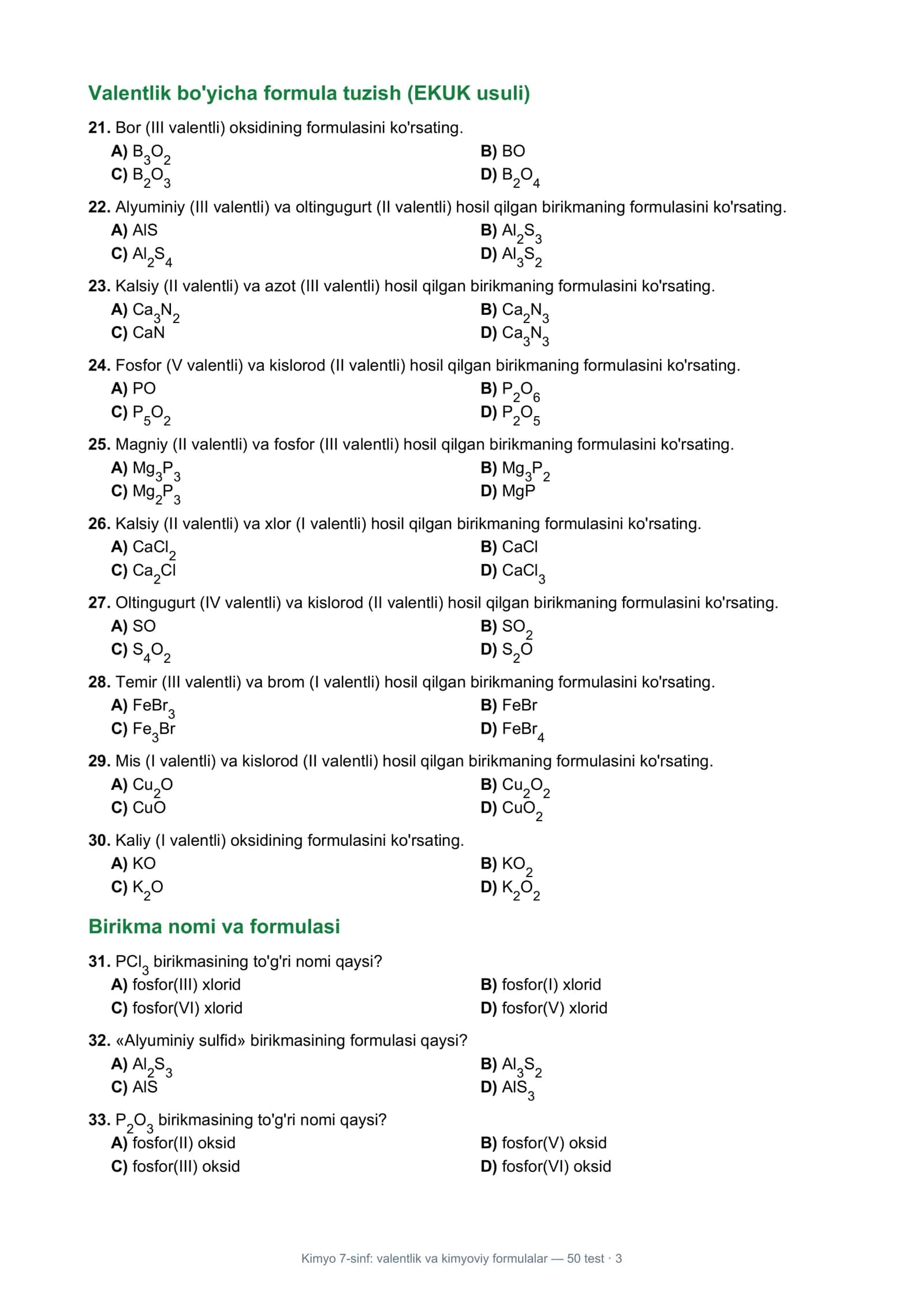 Kimyo 7-sinf: valentlik va kimyoviy formulalar 3