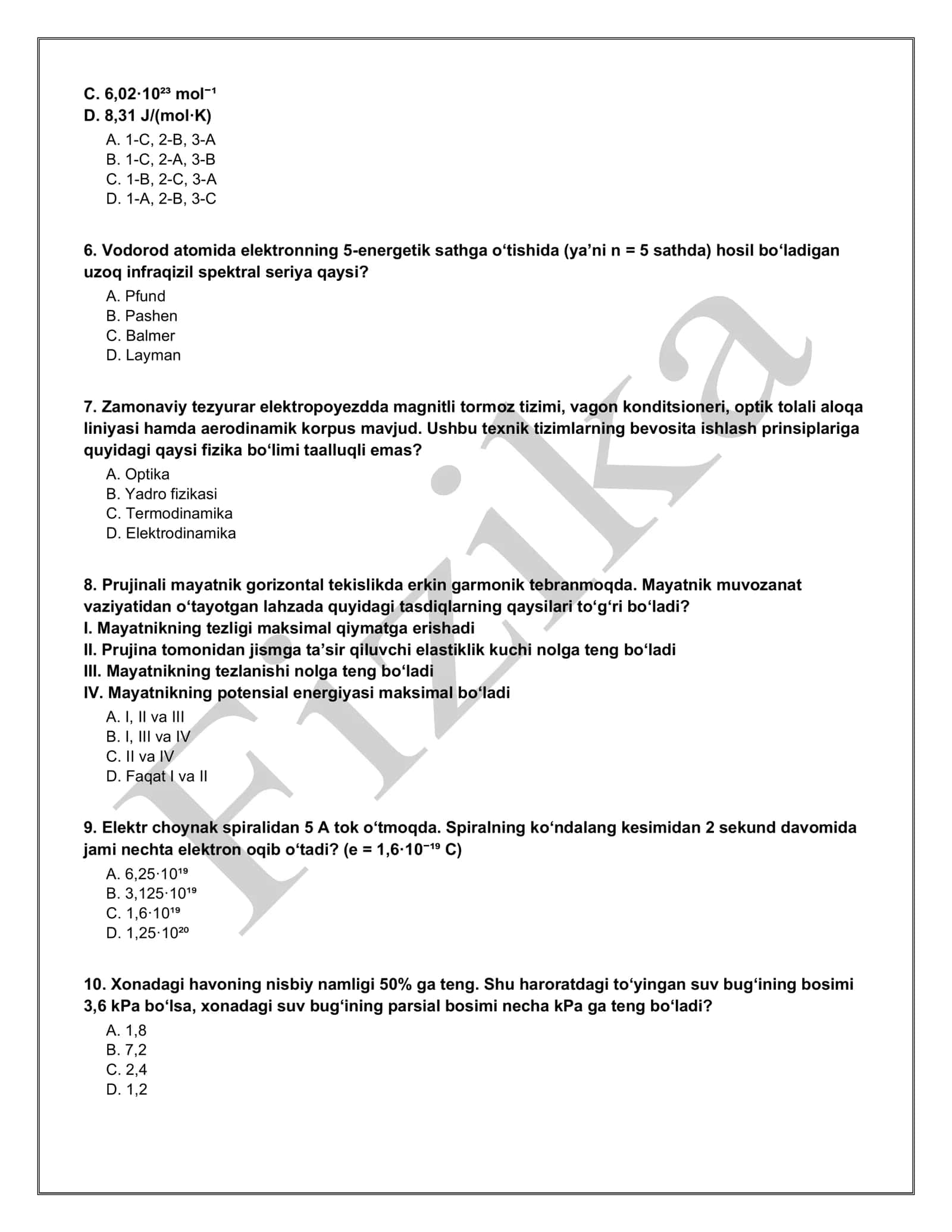 Fizika fanidan maktabga ishga kirish (saralash) testi — 6-variant (yechimlar kaliti bilan) 3
