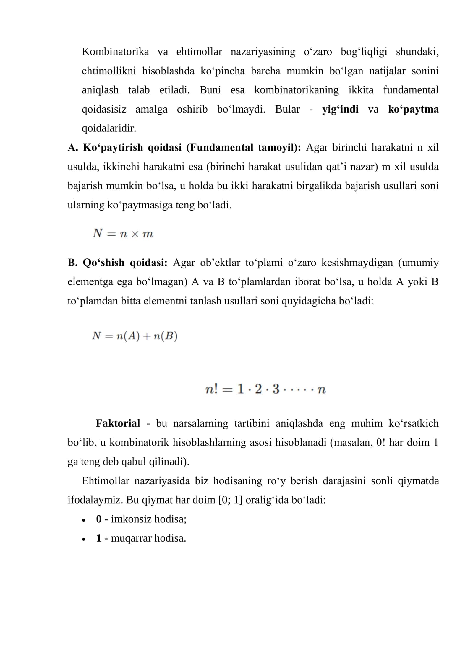 Kombinatorikaning asosiy qoidalari. O‘rinlashtirishlar, o‘rin almashtirishlar, gruppalash. Tasodifiy hodisalar va ehtimolning turli ta'riflari 3