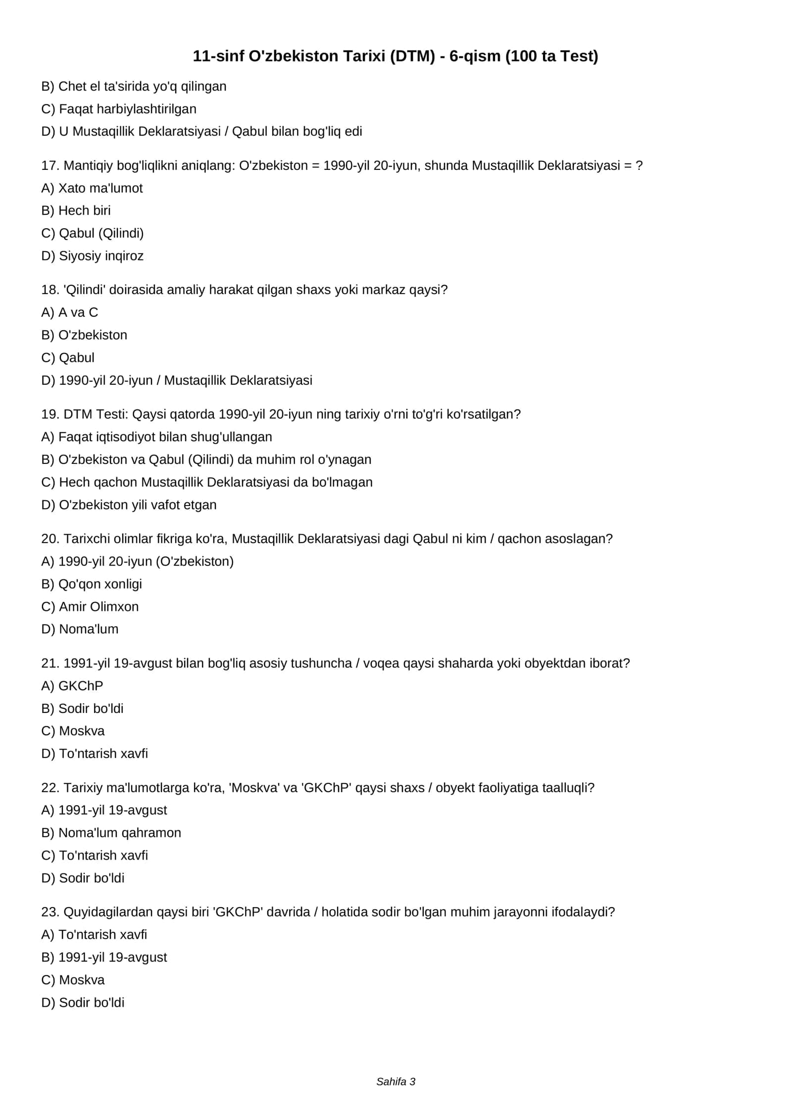 11-sinf O'zbekiston Tarixi (DTM) - 6-qism (100 ta Test) 3