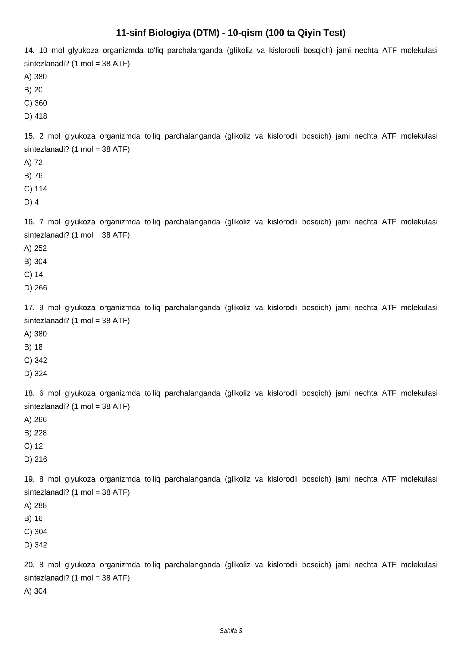 11-sinf Biologiya (DTM) - 10-qism (100 ta Qiyin Test) 3