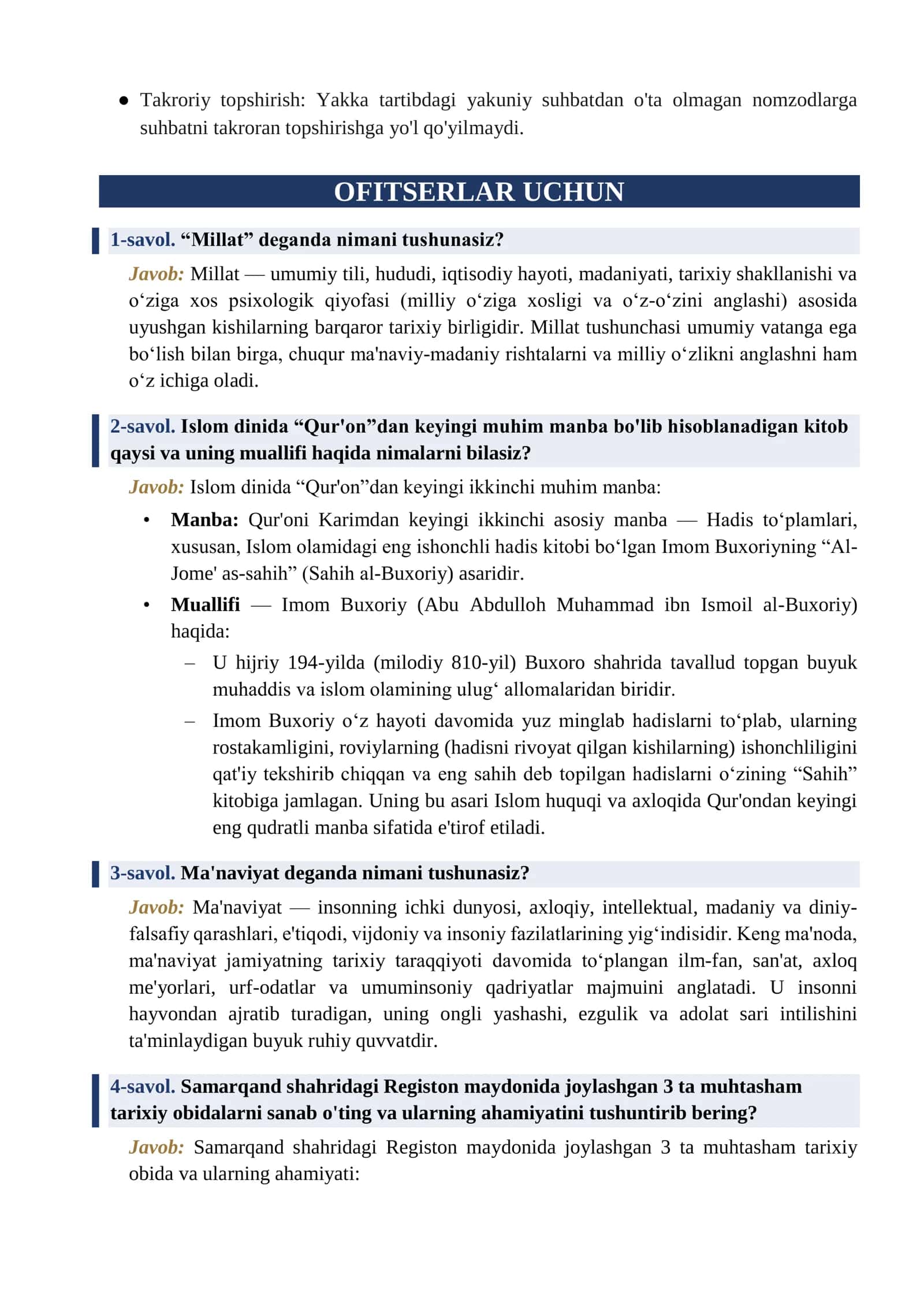 Ichki ishlarga kiruvchilar uchun savollar. Ofitserlar uchun tarbiya fanidan savol va javoblar. 3