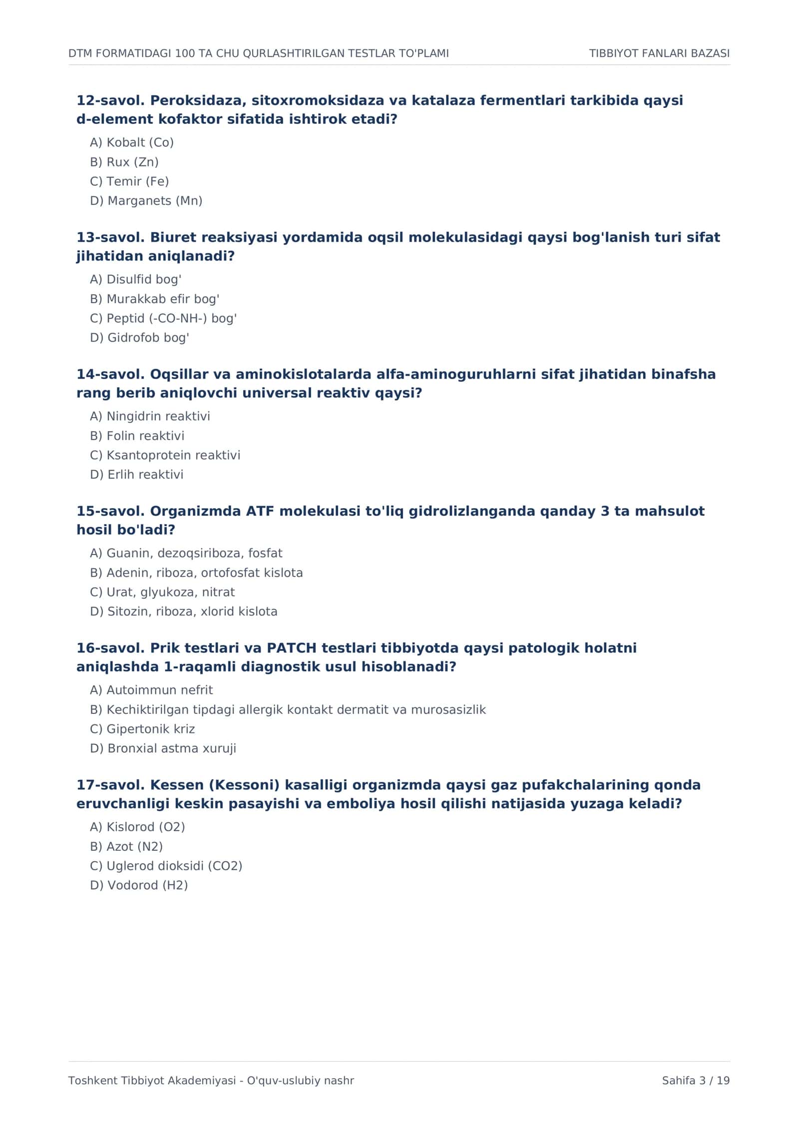 Tibbiy Biologiya, Odam Anatomiyasi, Patologik Anatomiya, Tibbiyot Psixologiyasi va Tibbiy Kimyo 3