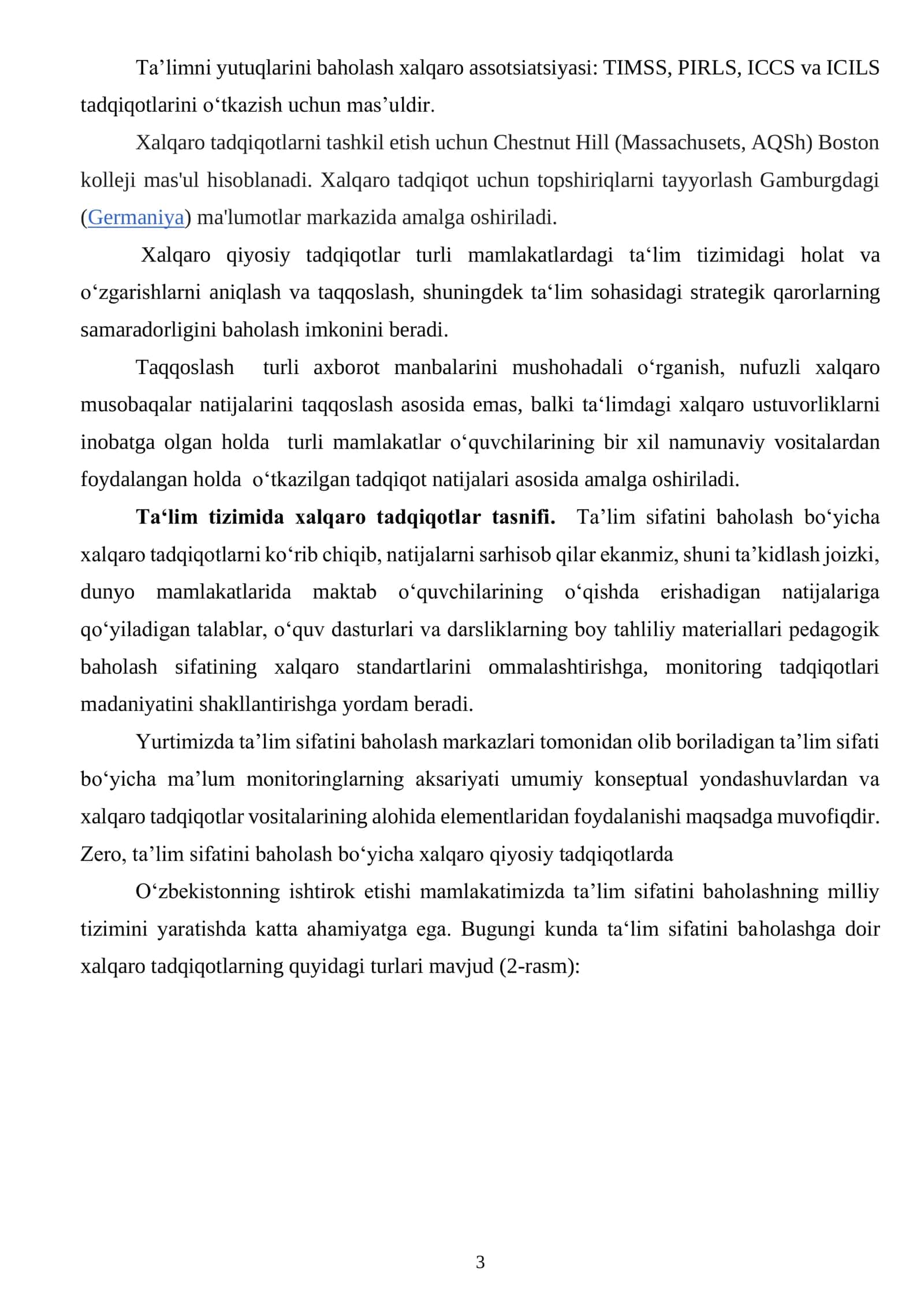 MAKTABGACHA VA MAKTAB TAʻLIMI TIZIMIDA TAʻLIM SIFATINI BAHOLASH BOʻYICHA XALQARO TADQIQOTLARNI (PIRLS, TIMSS, PISA, TALIS) JORIY ETISHNING MEʻYORIY-HUQUQIY ASOSLARI 3