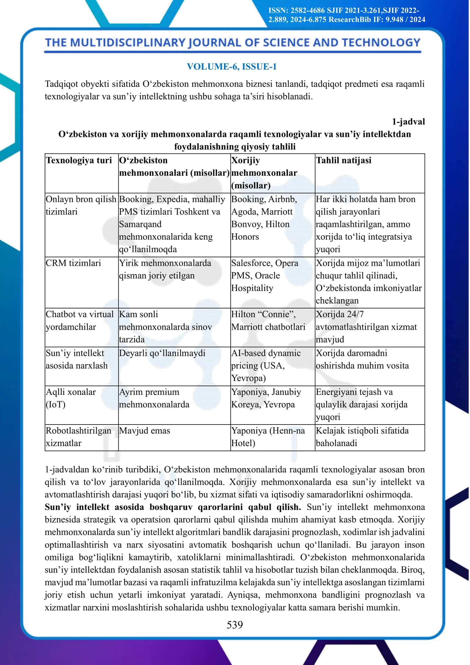 Raqamli Texnologiyalar va Sun’iy Intellectning Mehmonxona Biznesiga Ta’siri va Uning Rivojlanish Istiqbollari 3