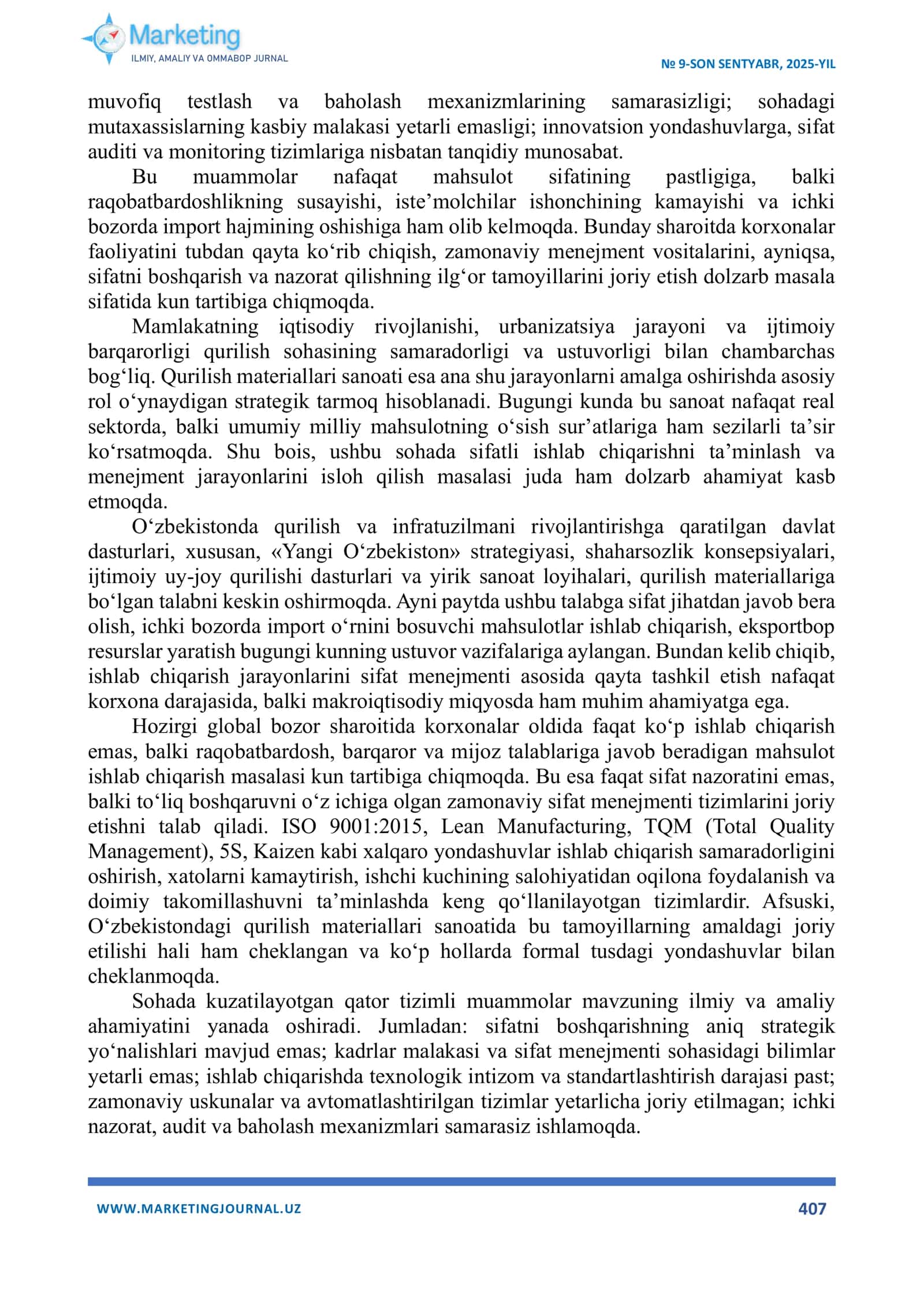 Qurilish materiallari sanoatida ishlab chiqarishni sifat menejmenti tamoyillari asosida tashkil etishdagi mavjud muammolar 3