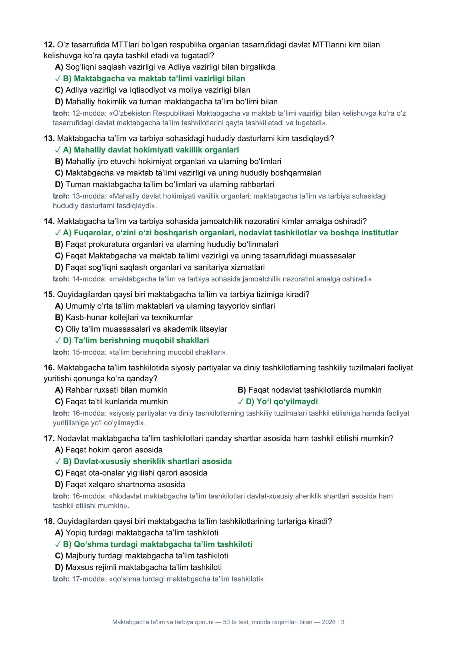 Maktabgacha ta'lim va tarbiya qonuni — 50 ta test 3