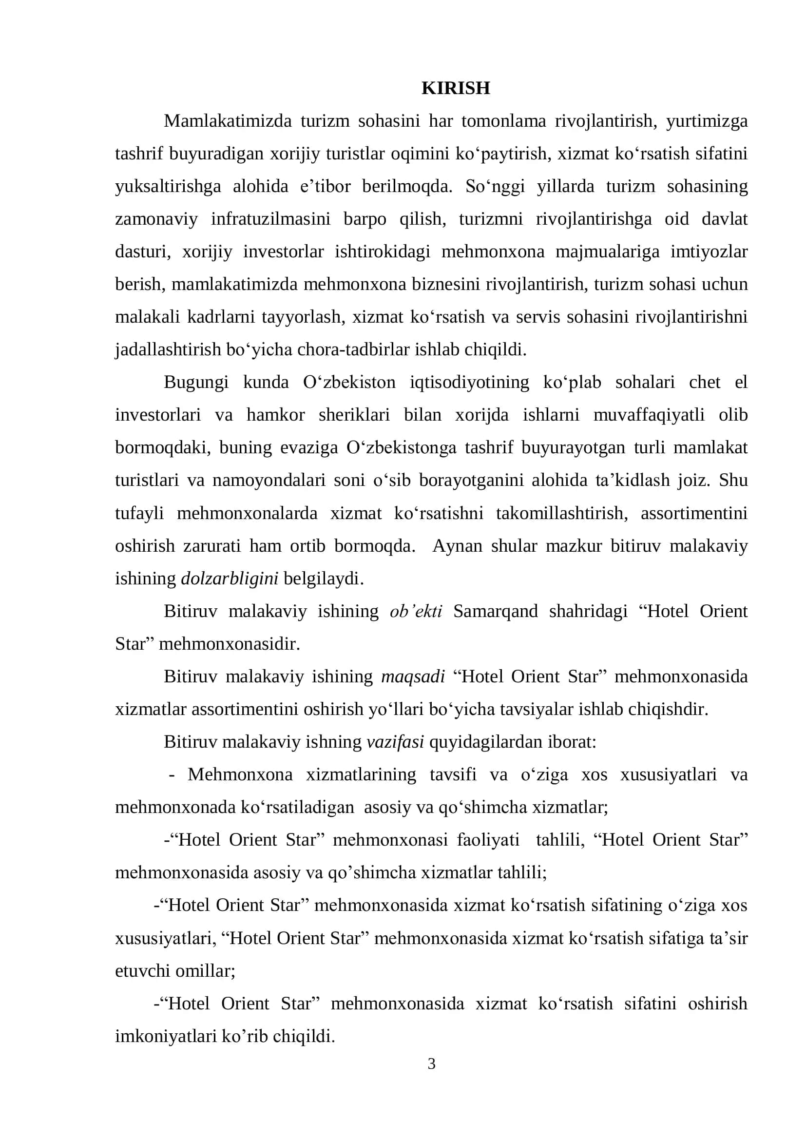 Hotel Orient Star mehmonxonasida xizmatlar assortimentini oshirish yo‘llari 3