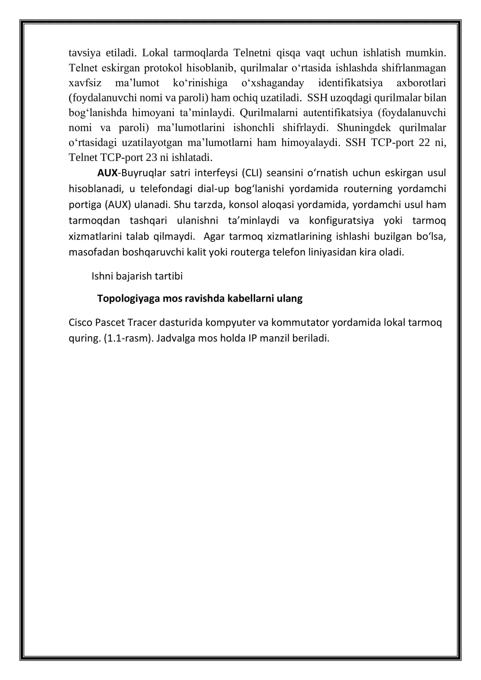 TARMOQ QURILMALARIDA DASTLABKI XAVFSIZLIK SOZLAMALARINI O’RNATISH-TELNET, SSH 3