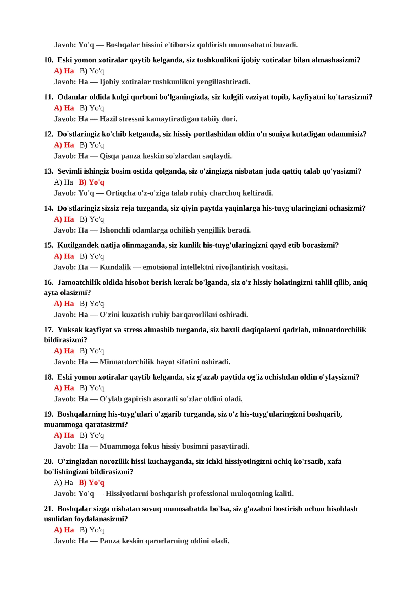 O'ZINI KECHIRISH QOBILIYATINI ANIQLASH TESTI 3