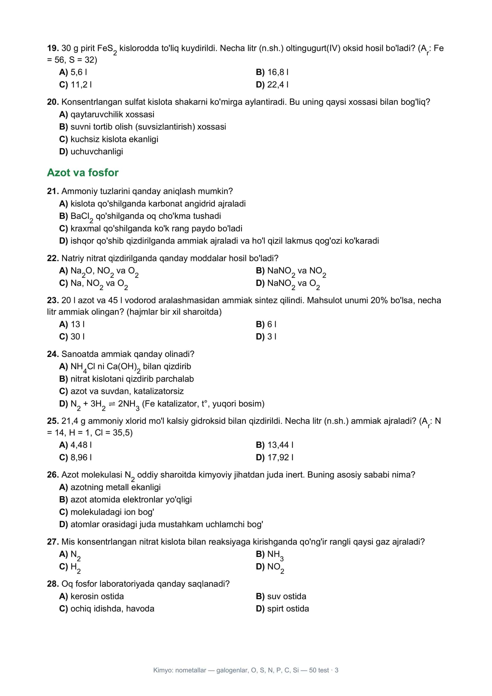 Kimyo: nometallar — galogenlar, O, S, N, P, C, Si — 50 test 3