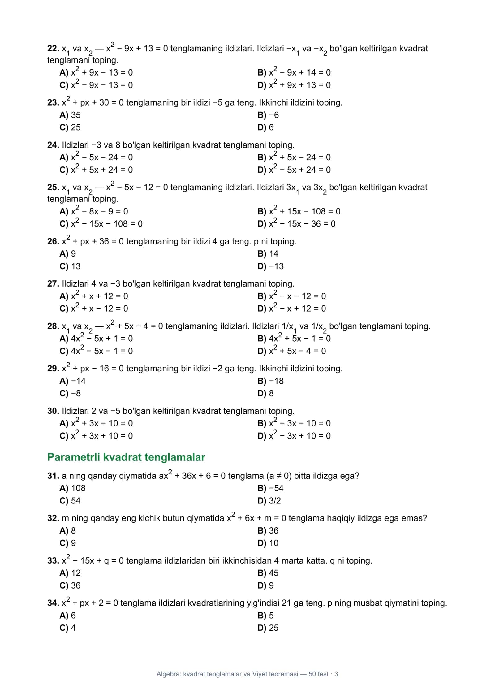 Algebra: Kvadrat tenglamalar va Viyet teoremasi 3