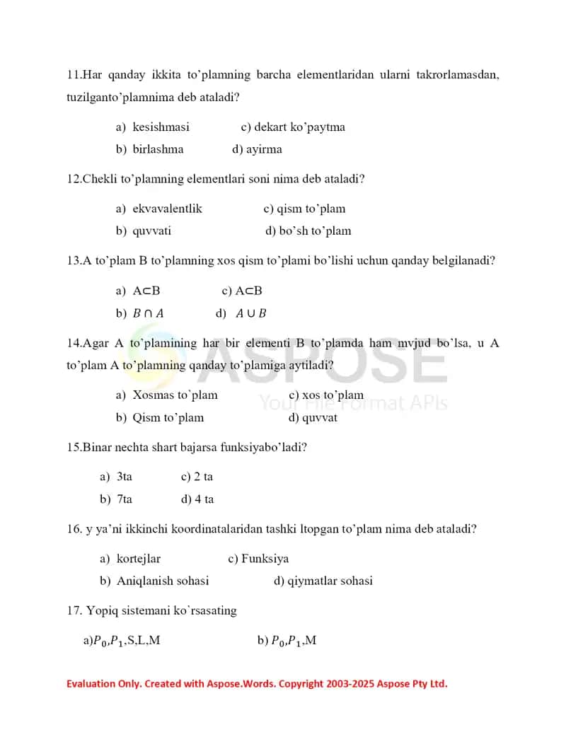 Diskret matematikadan testlar 3