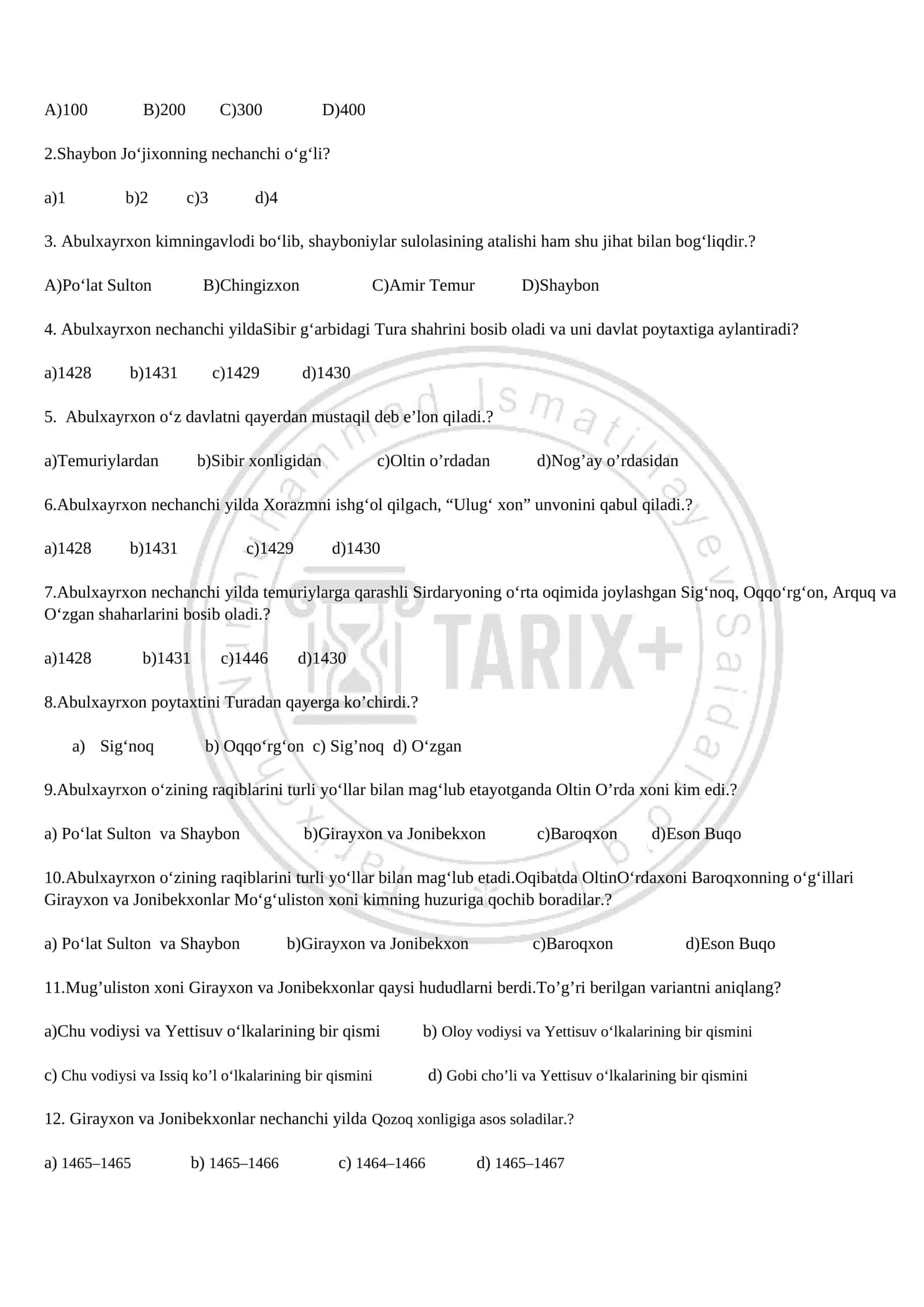 9 - sinf Oʻzbekiston tarixi test 3