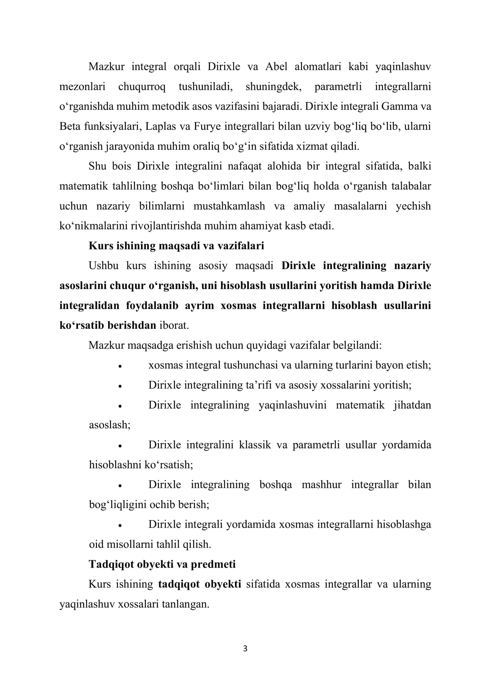 Dirixle integralini hisoblash va uning ba’zi bir xosmas 3
