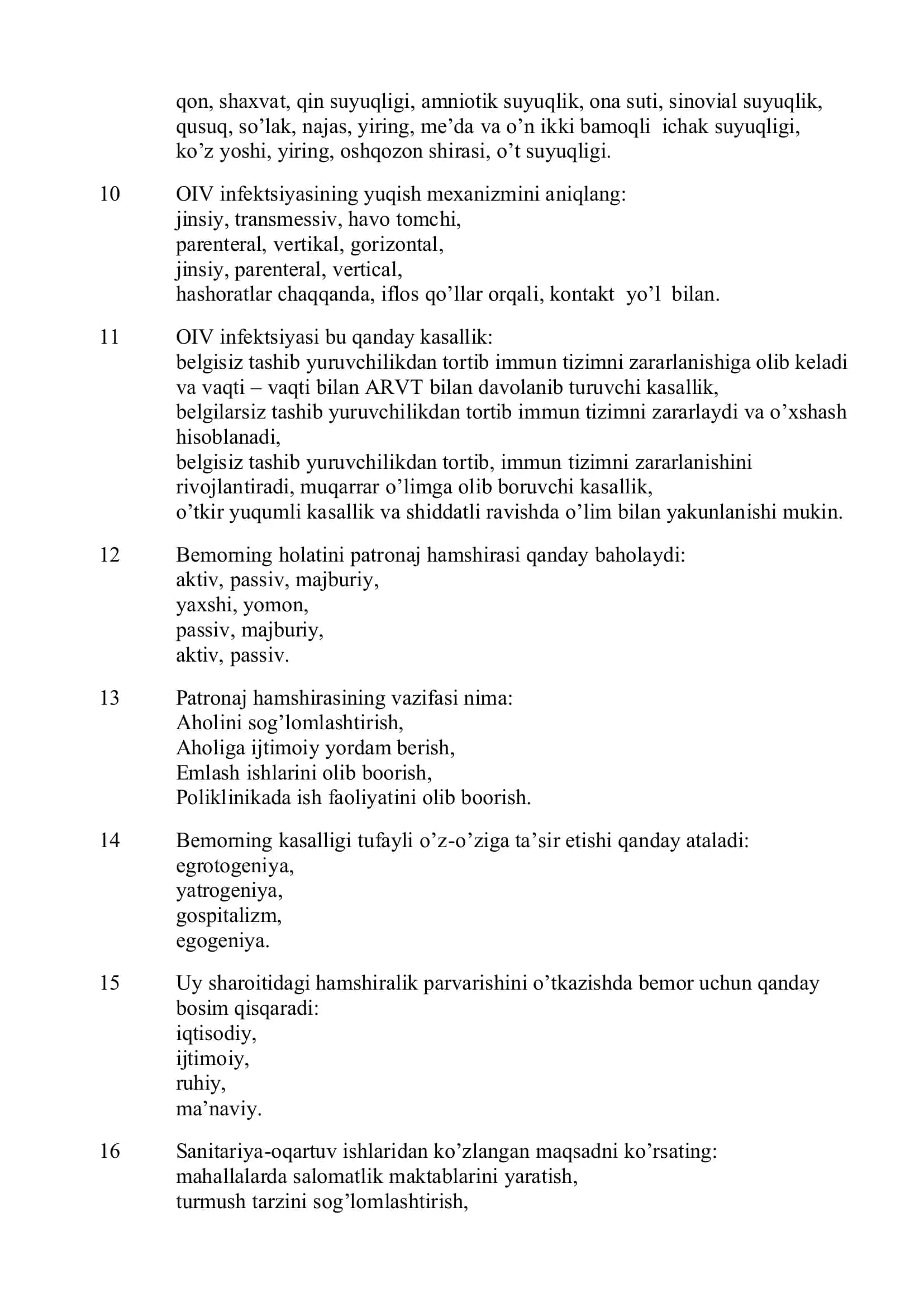 Hamshiralik ishi (patronaj hamshiralari) mutaxassisligi bo’yicha shakllantirilgan test savollari ro’ 3