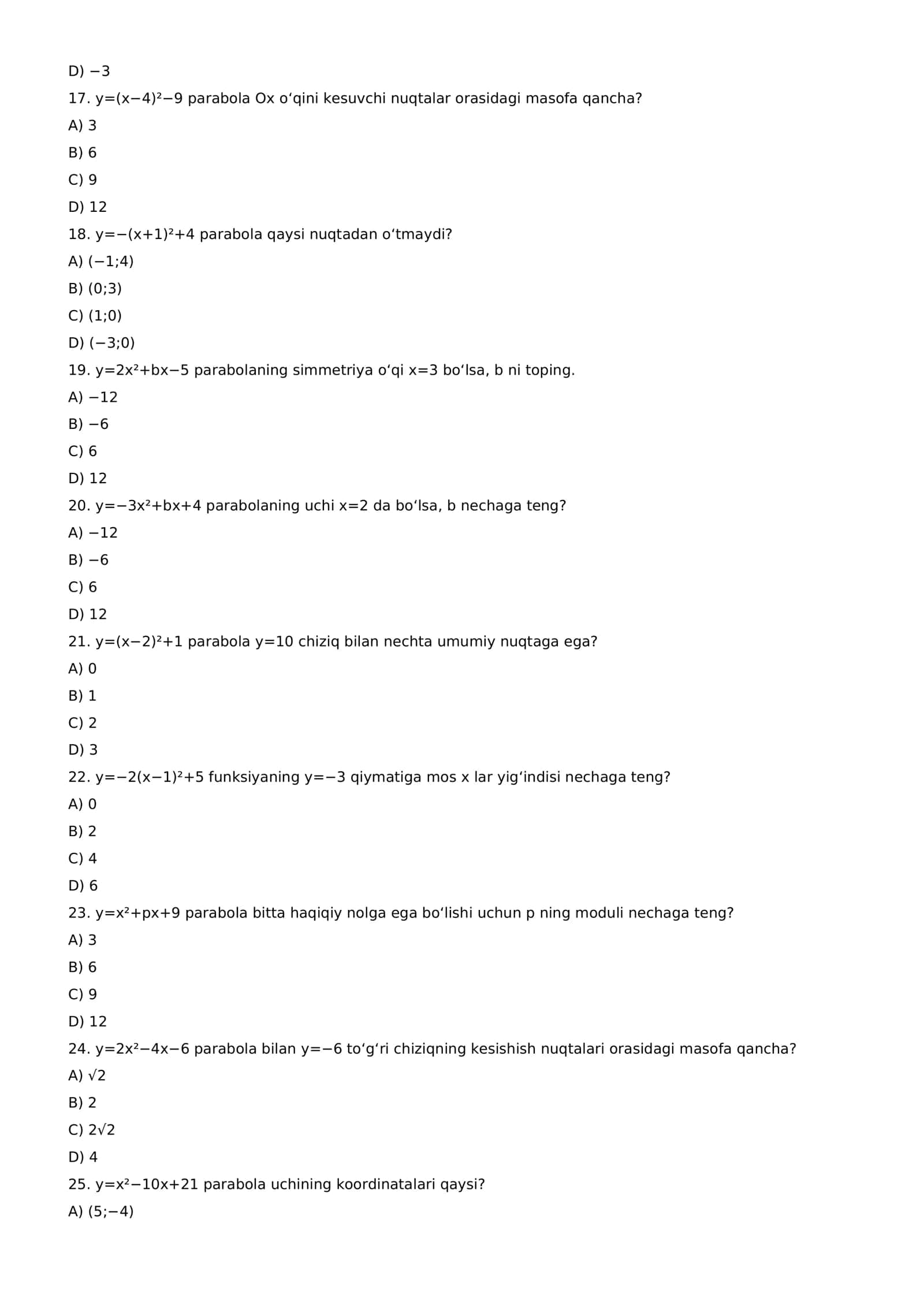 9-sinf Algebra — 200 ta murakkab test va javoblar 3