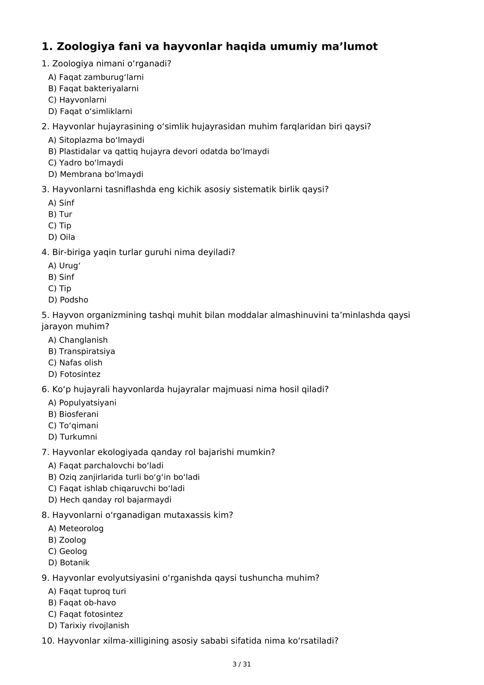 7-SINF ZOOLOGIYA Fanidan 250 mavzulashtirilgan test 3