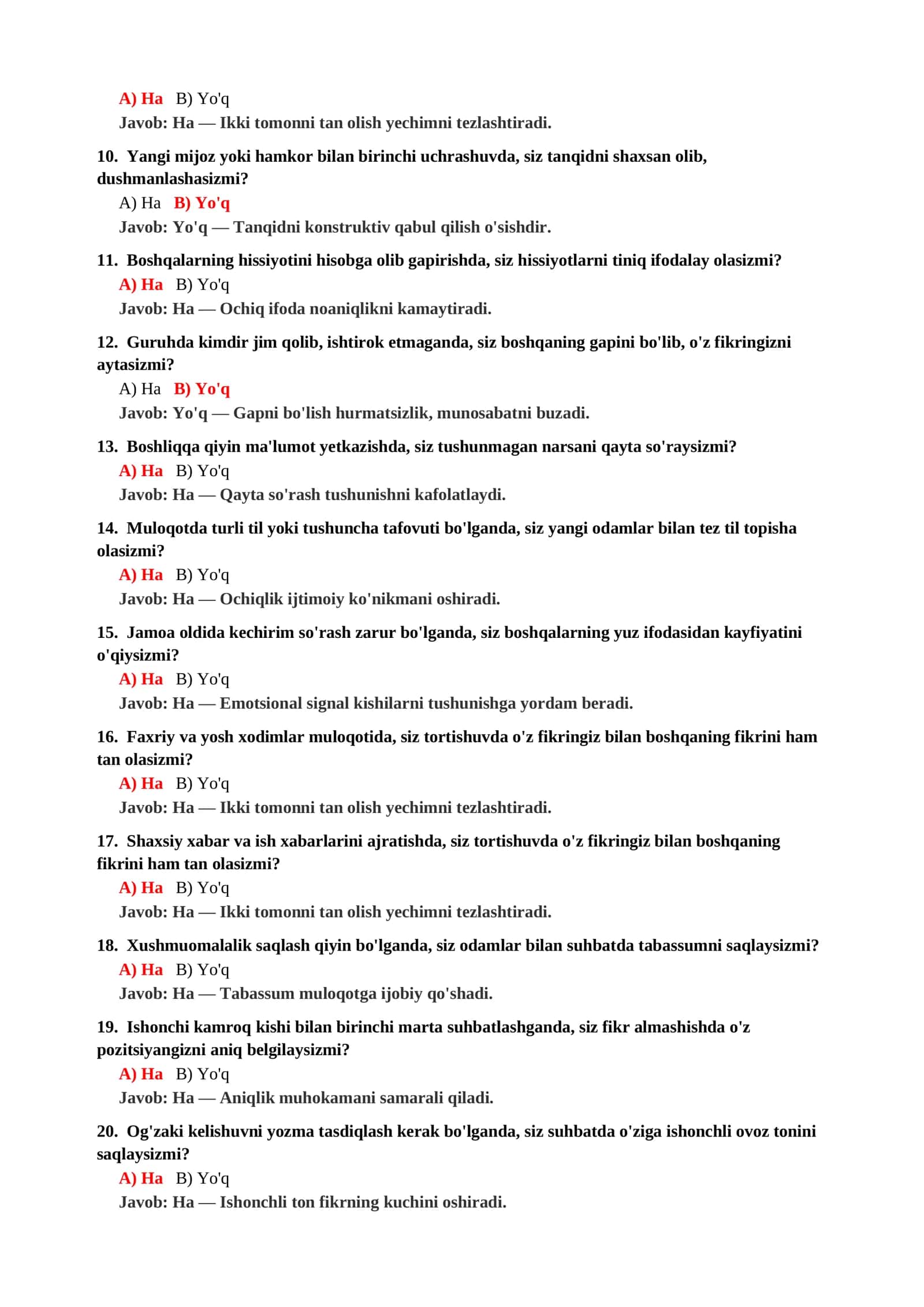 Bahs paytida o'zini tutish psixologik testi 3