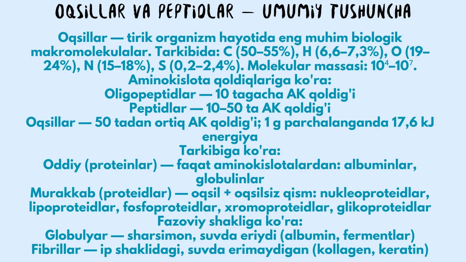 Oqsillarning fazoviy konformatsiyalari. Peptid va oqsillarning funksiyalari. Oqsillarning fizik-kimyoviy xossalari 3