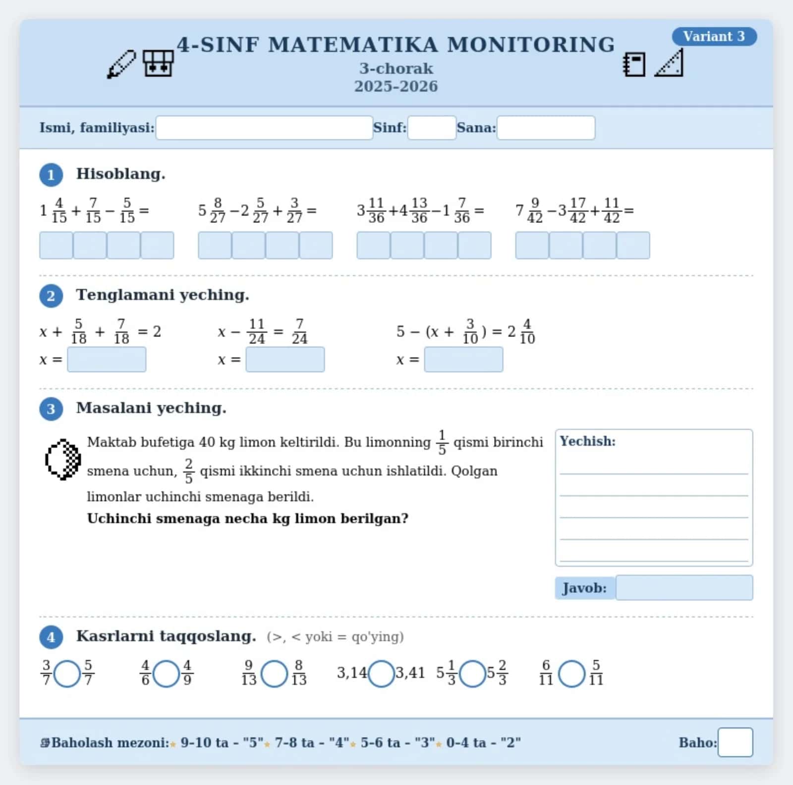 4-sinf o'quvchilariga matematika fanidan monitoring misol va masalalar (30 ta variant). 3