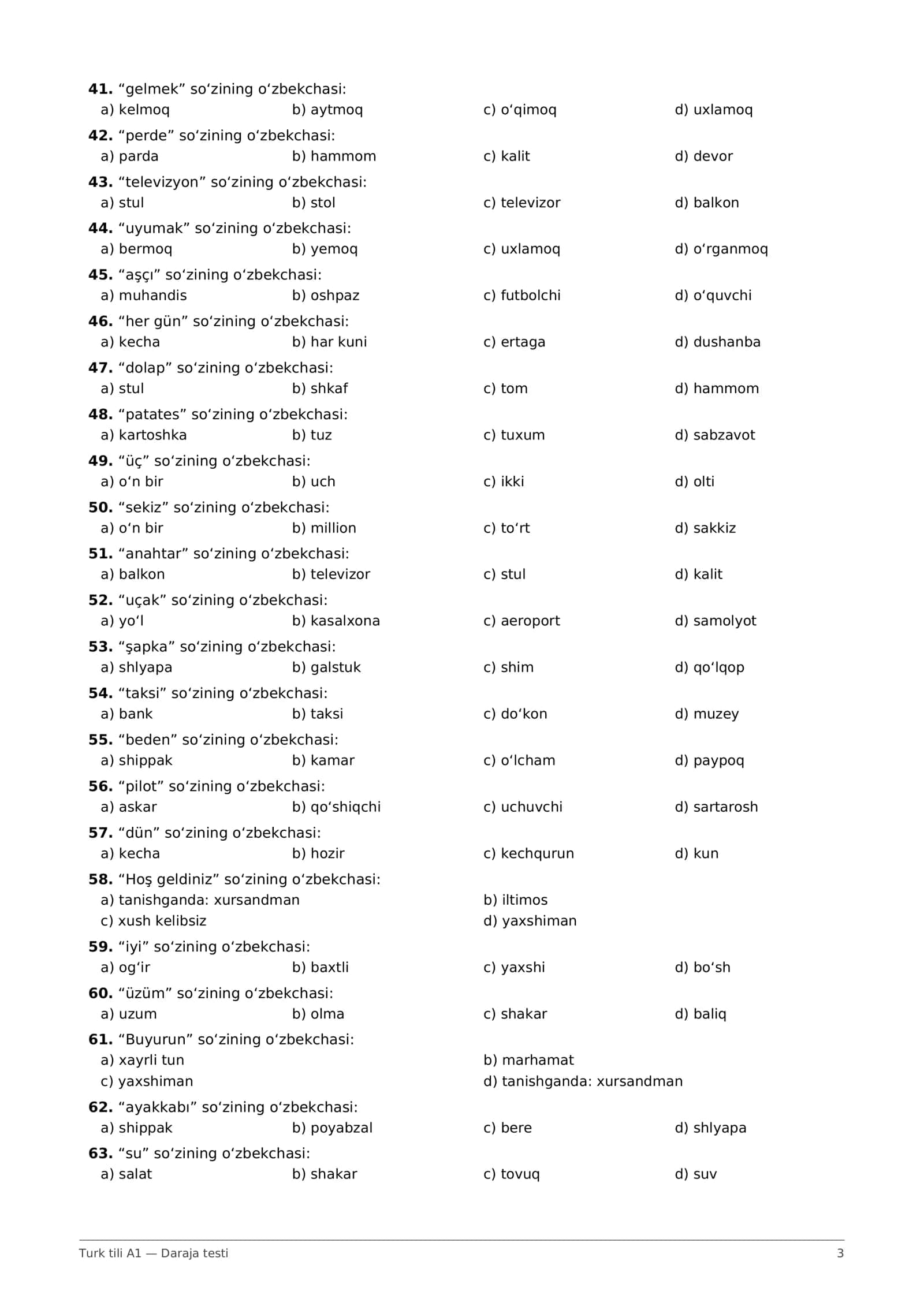Turk tili A1 test: 500 savol + javoblar kaliti (PDF) 3