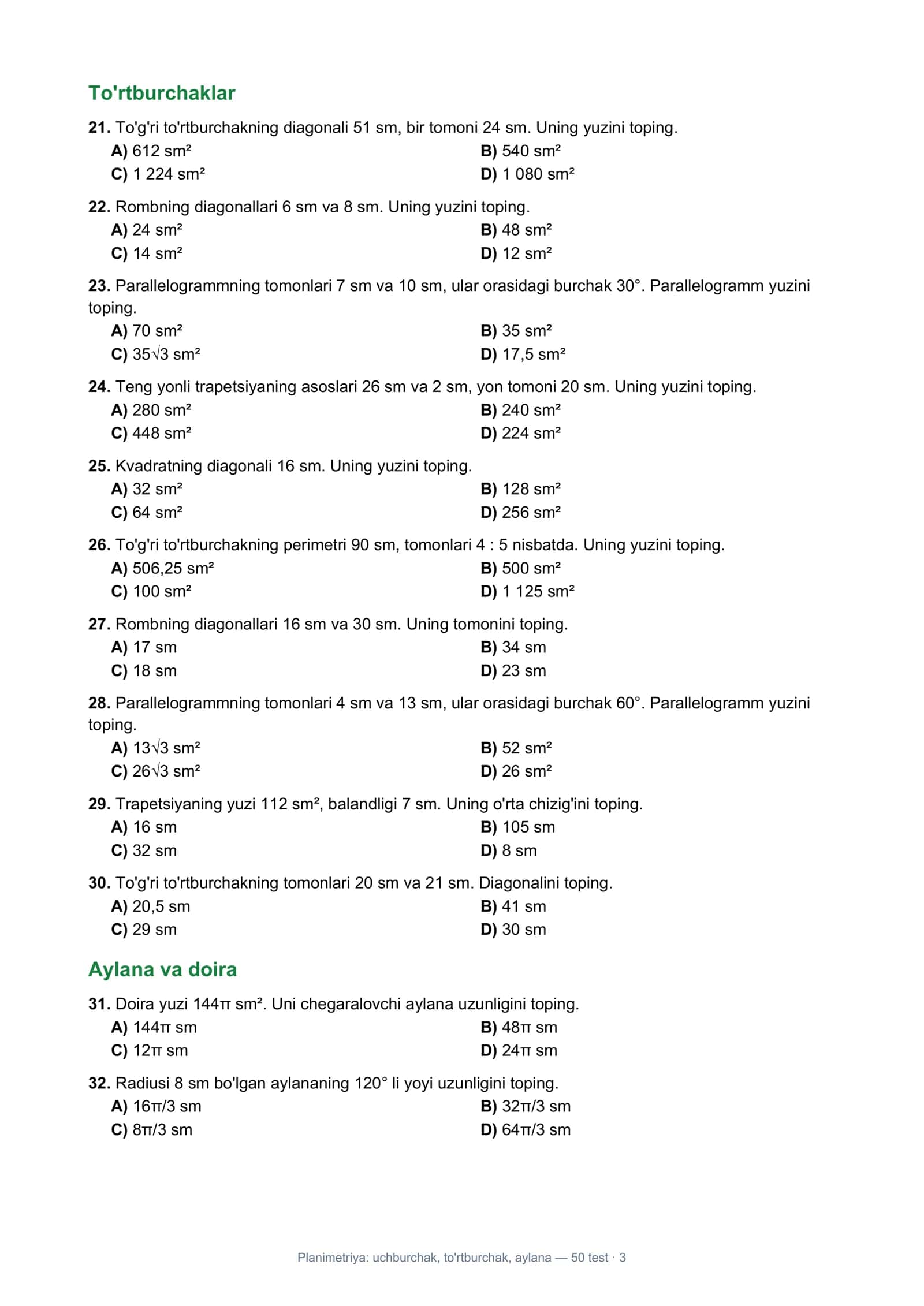 Planimetriya: uchburchak, to'rtburchak, aylana — 50 test · 1 3