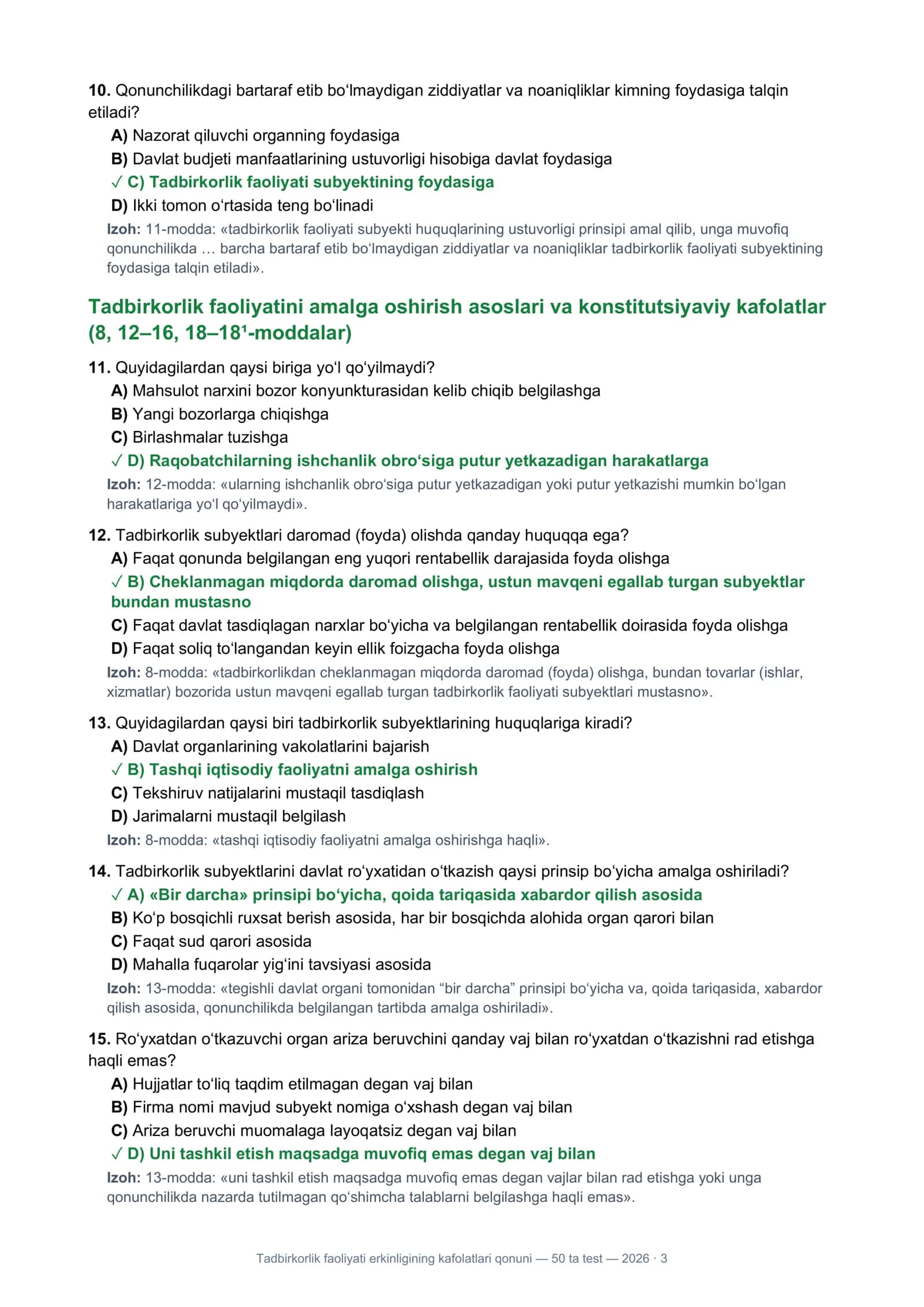 Tadbirkorlik faoliyati erkinligining kafolatlari qonuni — 50 ta test — 2026 3