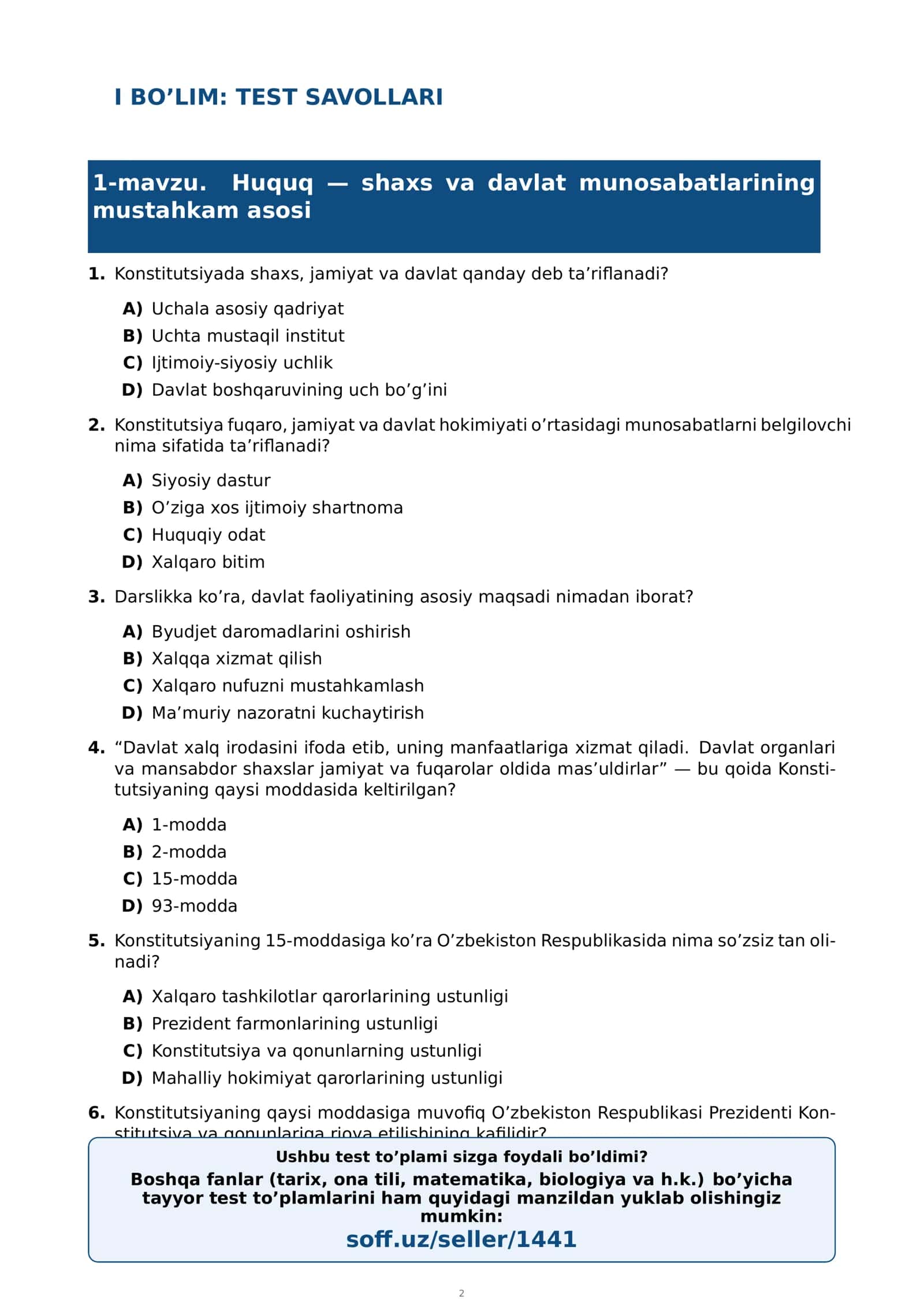10-sinf HUQUQ MAVZULASHTIRILGAN TEST 3