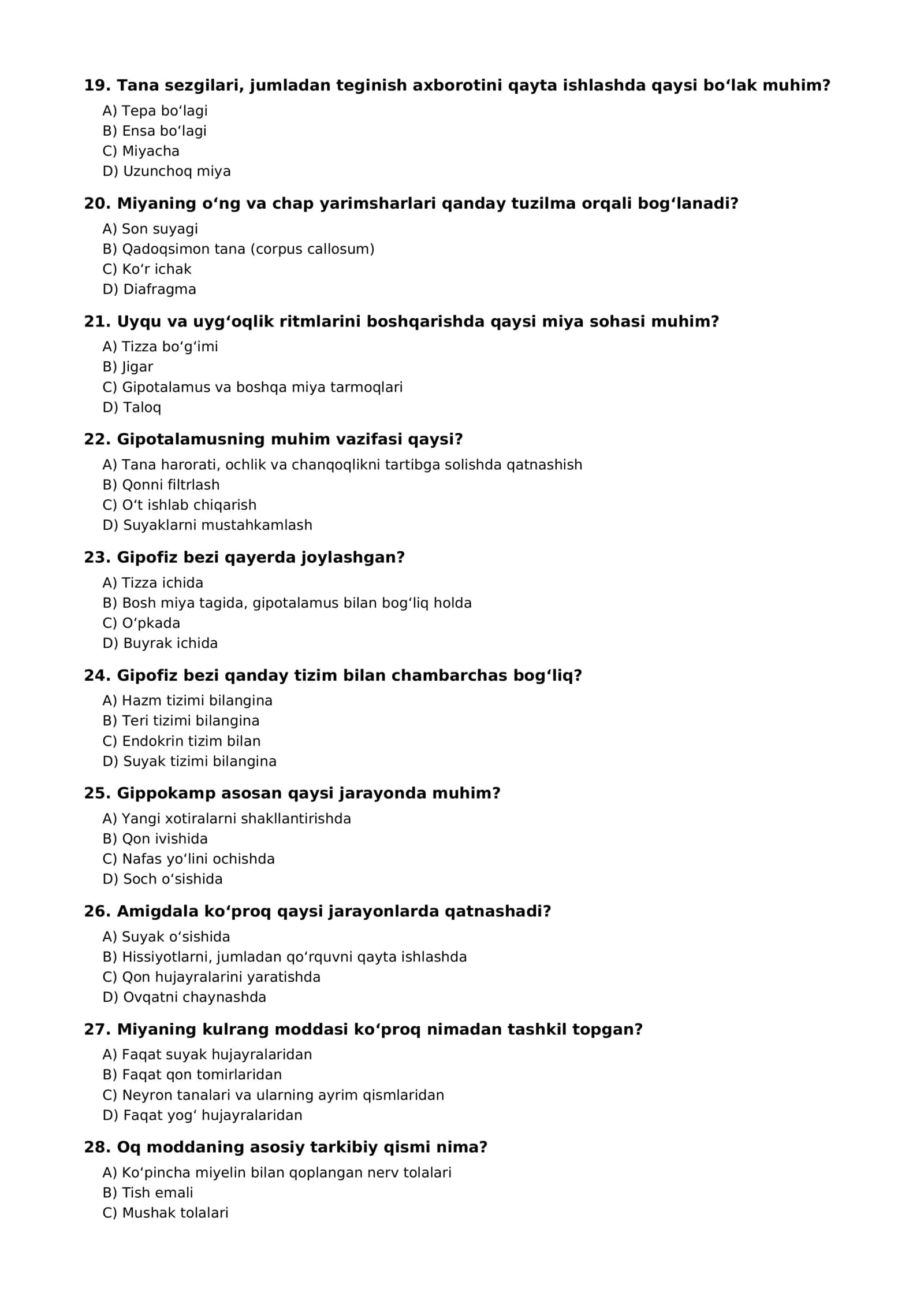 Odam miyasi haqida 100 ta biologiya testi va javoblari 3