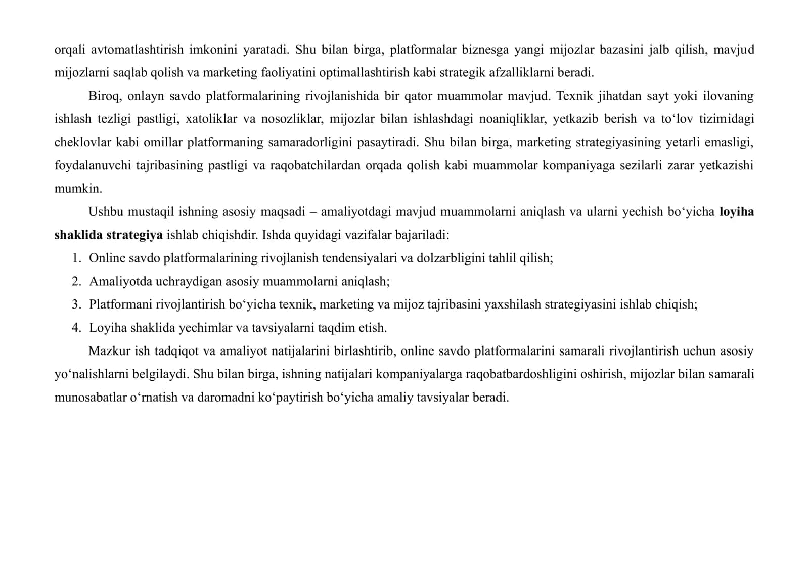 ONLINE SAVDO PLATFORMASINI RIVOJLANTIRISH STRATEGIYASINI ISHLAB CHIQISH, AMALIYOTDAGI MUAMMONI ANIQLASH VA LOYIHA SHAKLDA YECHIM TAYYORLASH 3