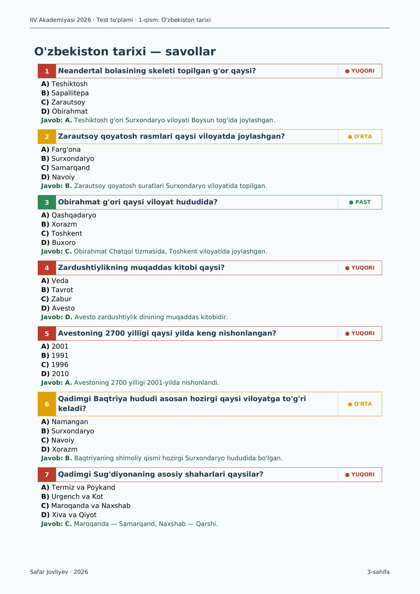 Test to'plami 1-qism: O'zbekiston tarixi 3