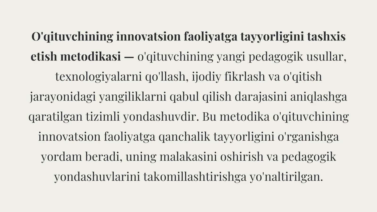 O'qituvchining innovatsion faoliyatga tayyorligini tashxis etish metodikasi 3