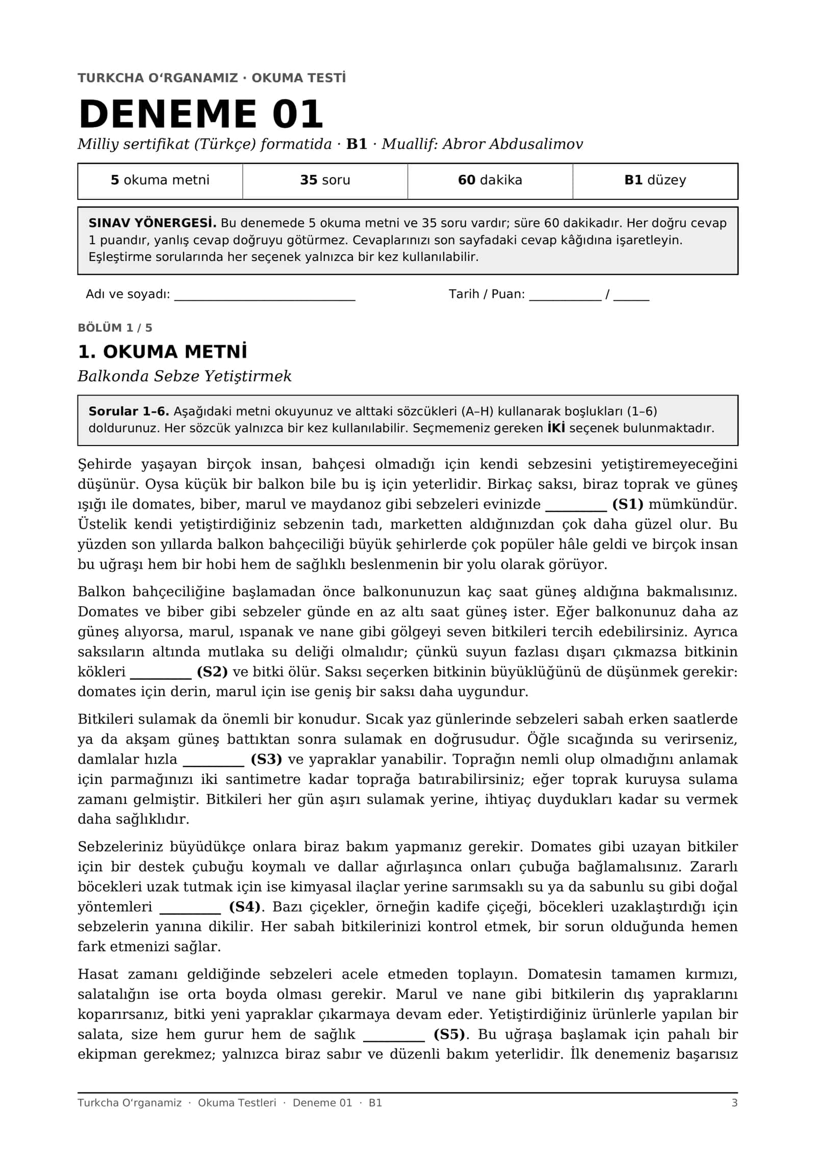 Turk tili Okuma testlari B1-B2-C1 (2-qism): 10 ta yangi deneme, 350 savol (Milliy sertifikat formati, javoblar bilan) 3