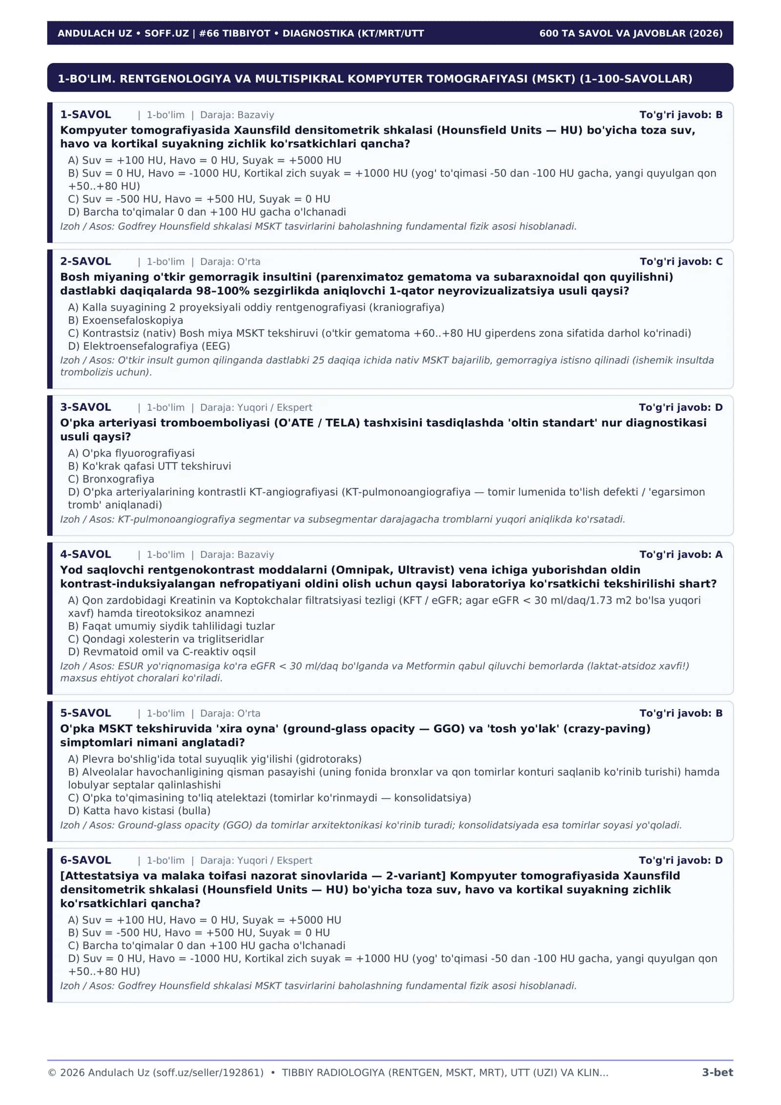 TIBBIYOT • DIAGNOSTIKA (KT/MRT/UTT 600 TA SAVOL VA JAVOBLAR (2026) 3