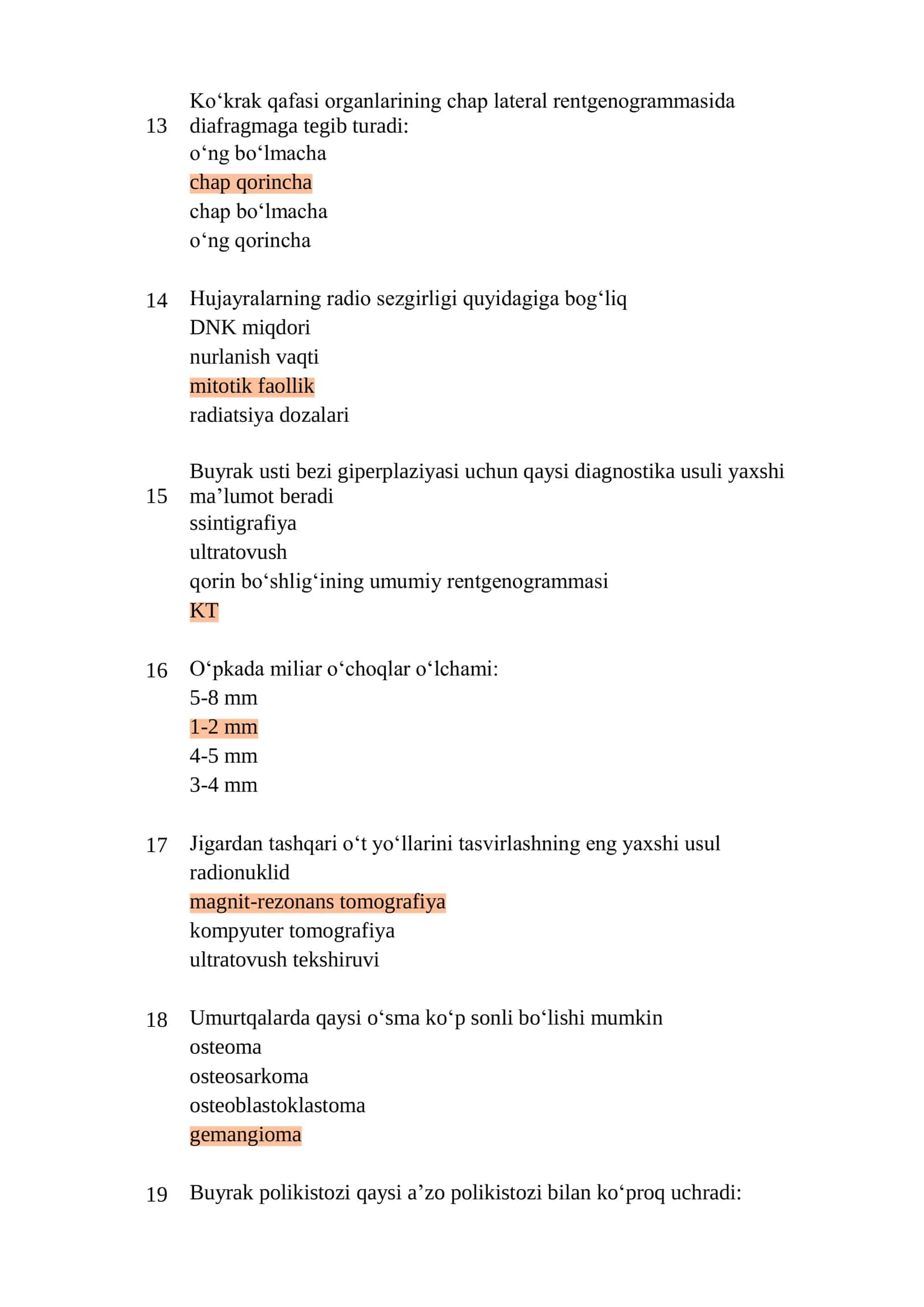 Tibbiy radiologiya mutaxassisligi boʻyicha test savollari 3