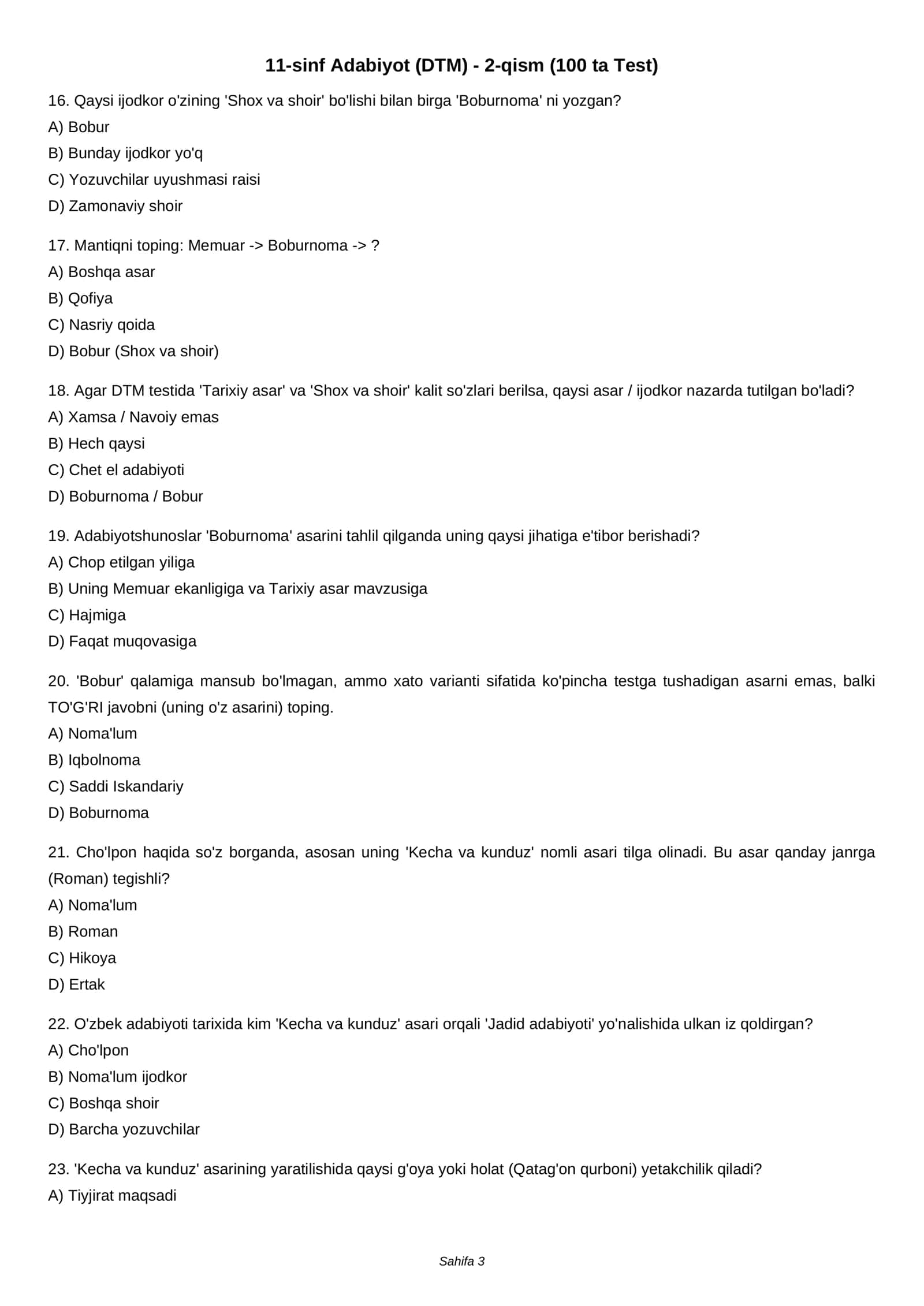 11-sinf Adabiyot (DTM) - 2-qism (100 ta Test) 3