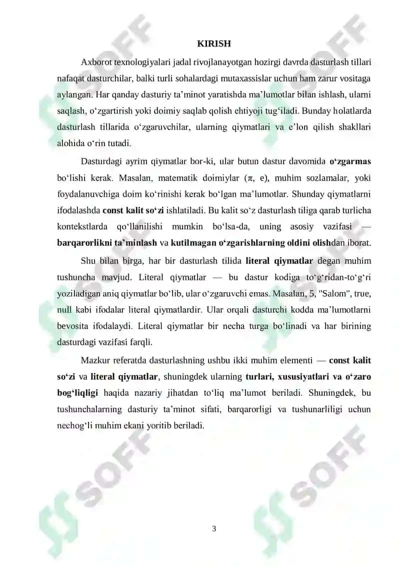 Const kalit so'zi, literal qiymatlar va ularning turlari 3